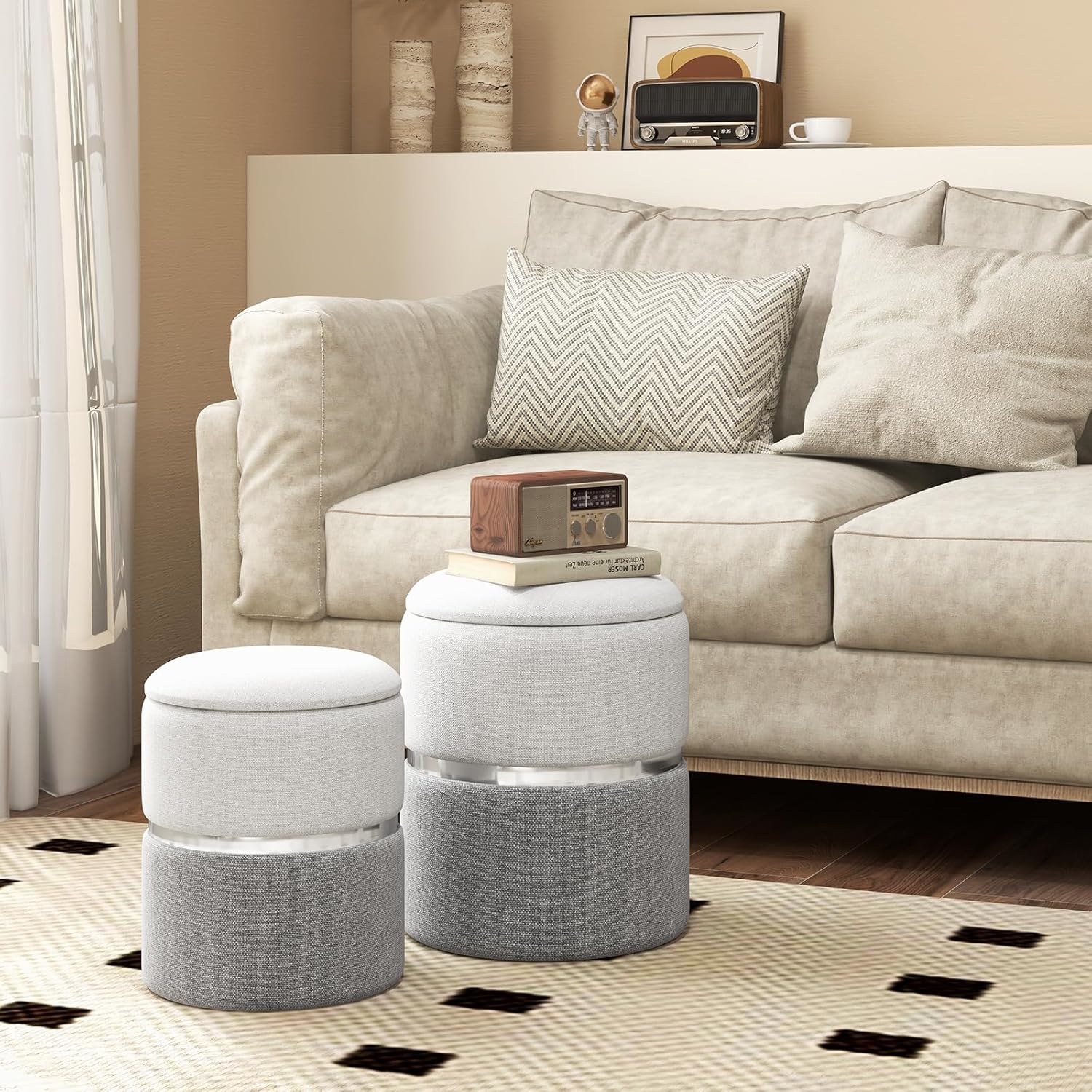 Image of Linen Fabric Storage Ottoman Set Of 2, Modern Round Ottoman With Storage, Upholstered Storage Ottoman With Stainless Steel Hoop, Vanity Stool Chair Footstool For Living Room, Bedroom