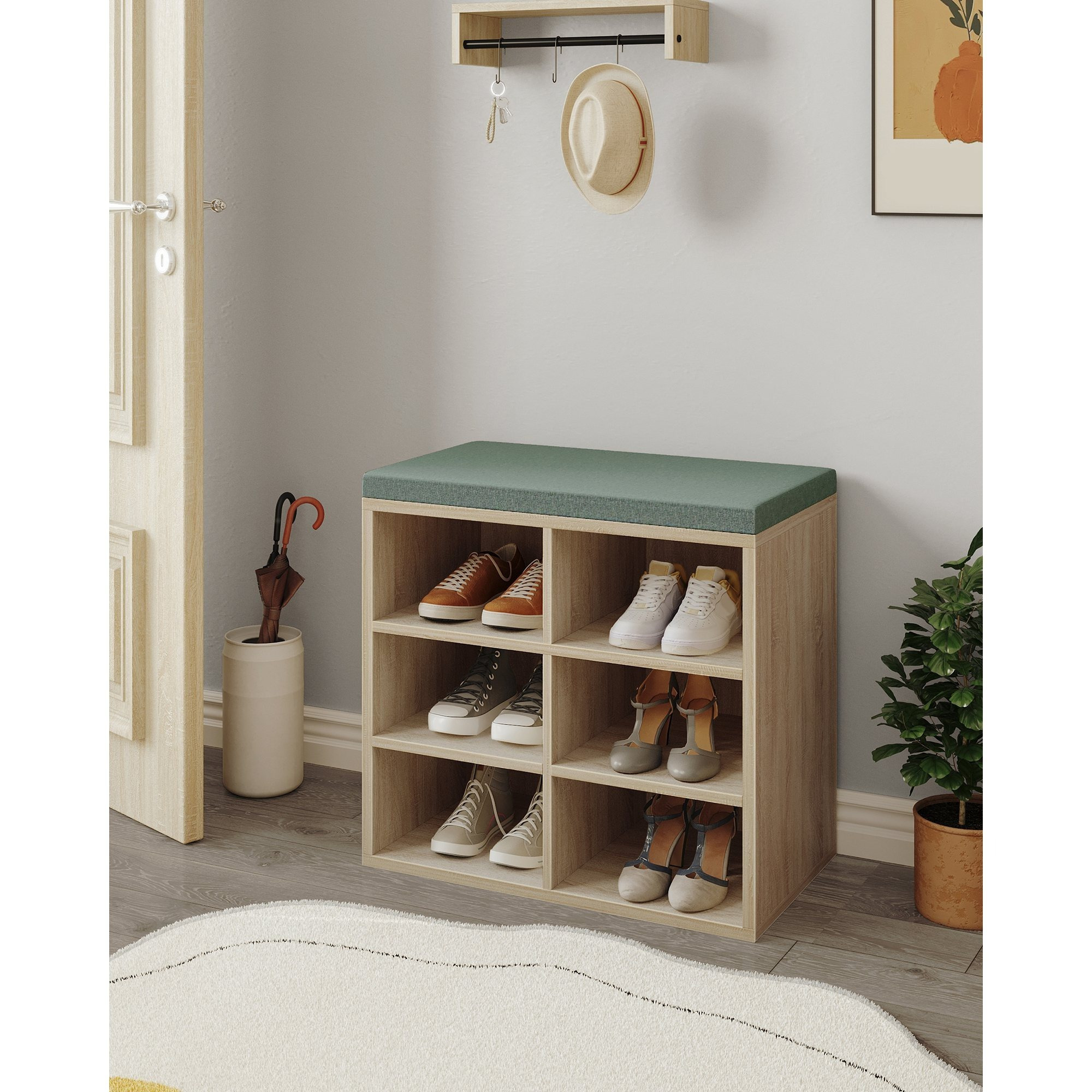 Shoe Bench With Seat, Shoe Rack With Storage, Cushioned Seat Bench, 6 Compartments, 30 X 60 X 52.7 Cm, Adjustable Shelves, For Living Room, Hallway, Bedroom