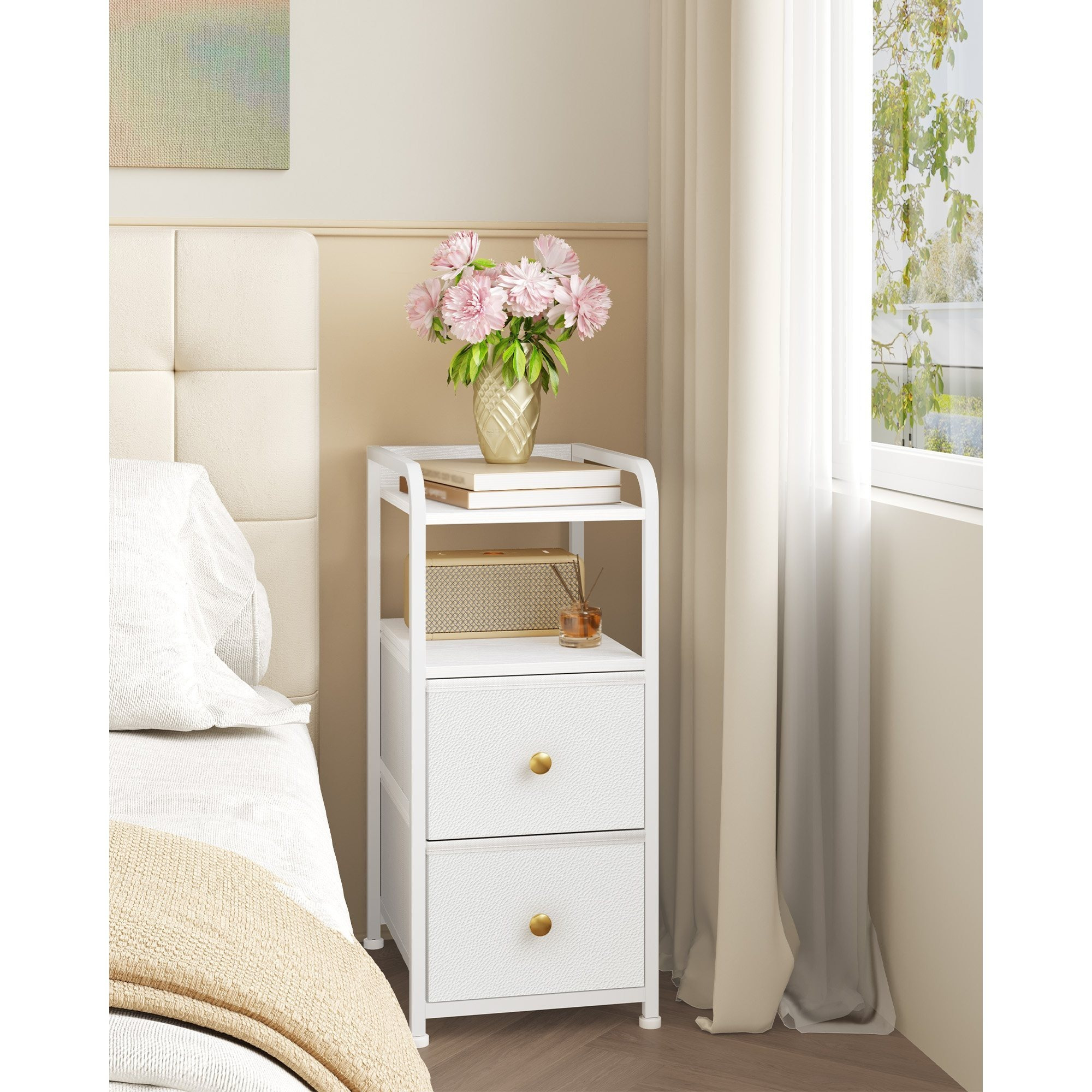 Image of Nightstand, Narrow Bedside Table With 2 Drawers, Narrow Nightstands With Open Shelf, Space-saving, Nightstand For Bedroom, Living Room, 35 X 27 X 60 Cm, White