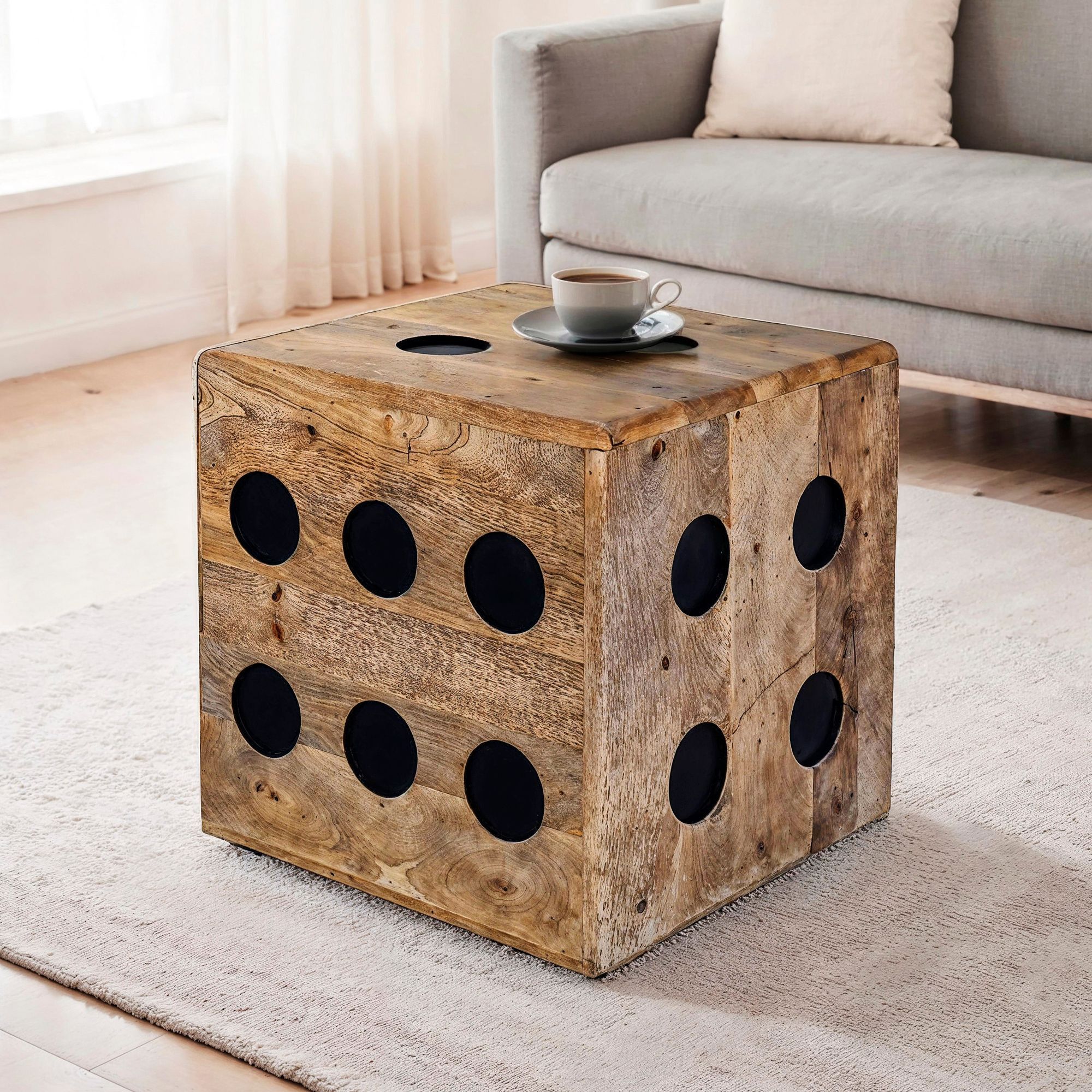 Dice Stool Mango Solid Wood 41x41x41 Cm, Design Seat Dice & Side Table Shape, Wood Dice Decoration & Coffee Table, Wooden Stool In Xxl Dice Design