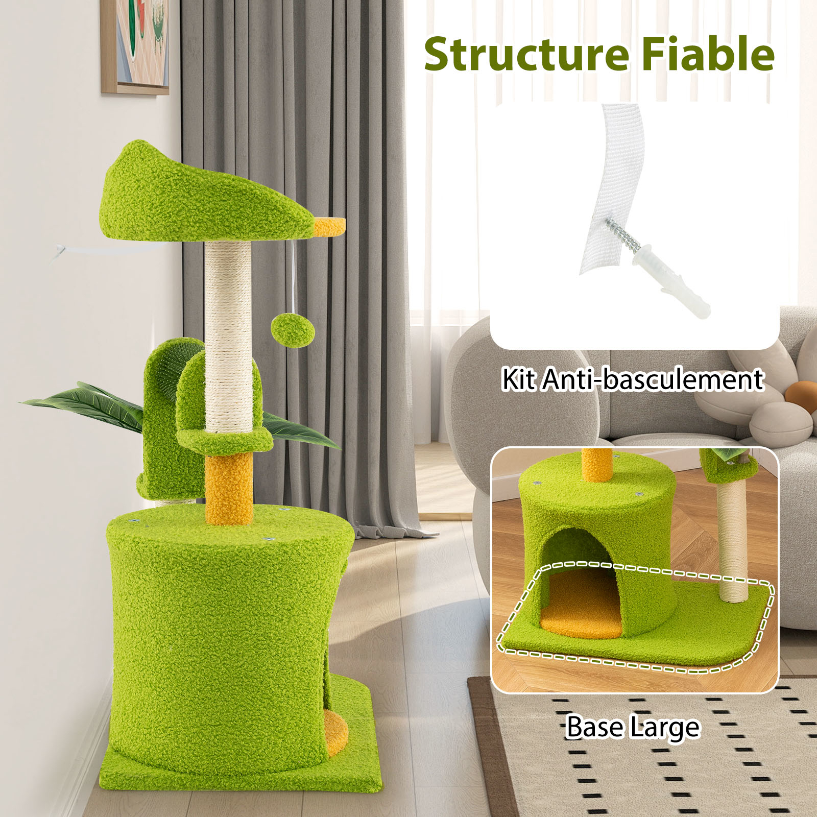 Palm Cat Tree, Cat Tower With Perch, Condo, Self Groomer, Kitten Activity Center For Indoor Cats, Green