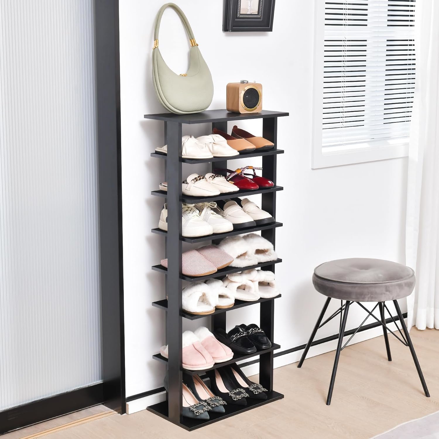 Image of 7 Tiers Tall Shoe Rack, Patented Space Organizer Storage Shelf For 14 Pairs, Vertical Corner Shoe Stand Shelf, Free Standing Double Shoe Rack For Entryway, Living Room, Front Door, Porch, Black