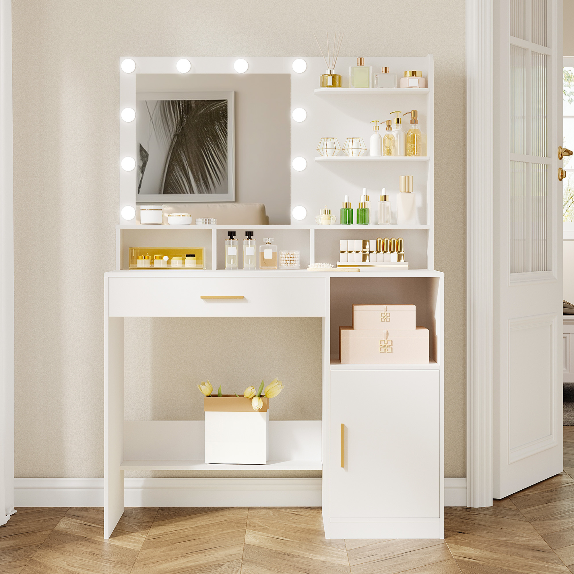 Makeup Table With Mirror And 10 Led Lights, Makeup Dresser With 3 Compartments & 4 Open Shelves, Makeup Table With Large Drawer & Cabinet, 3 Adjustable Lighting Intensities