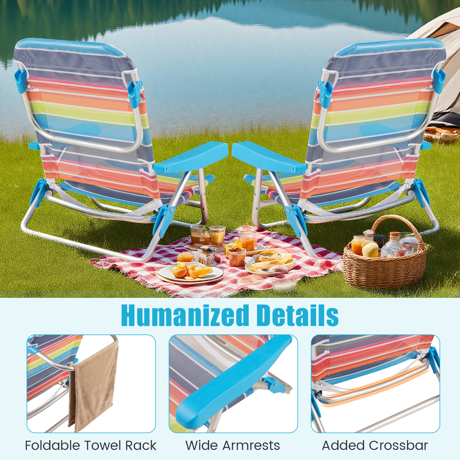Set Of 2 Beach Chairs, Folding Camping Chair With 5-position Adjustable Back, Armrests, Transport Strap, Anti-rust Aluminum Frame