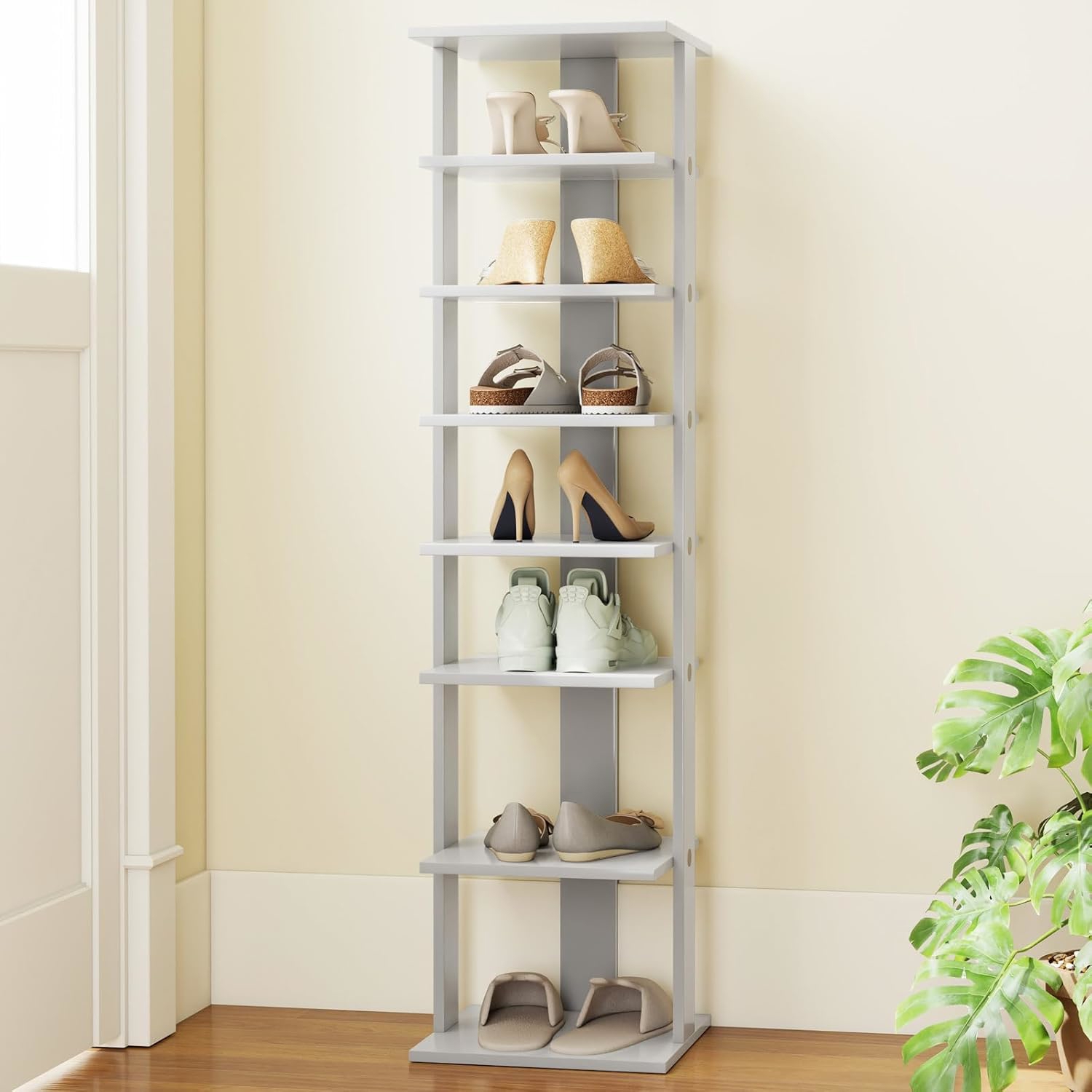 Image of 8-tier Vertical Shoe Rack, Freestanding Shoe Tower With Removable Shelf, Space- Narrow Storage Organizer With Anti-tipping Kit For Bedroom Closet Entryway, Gray