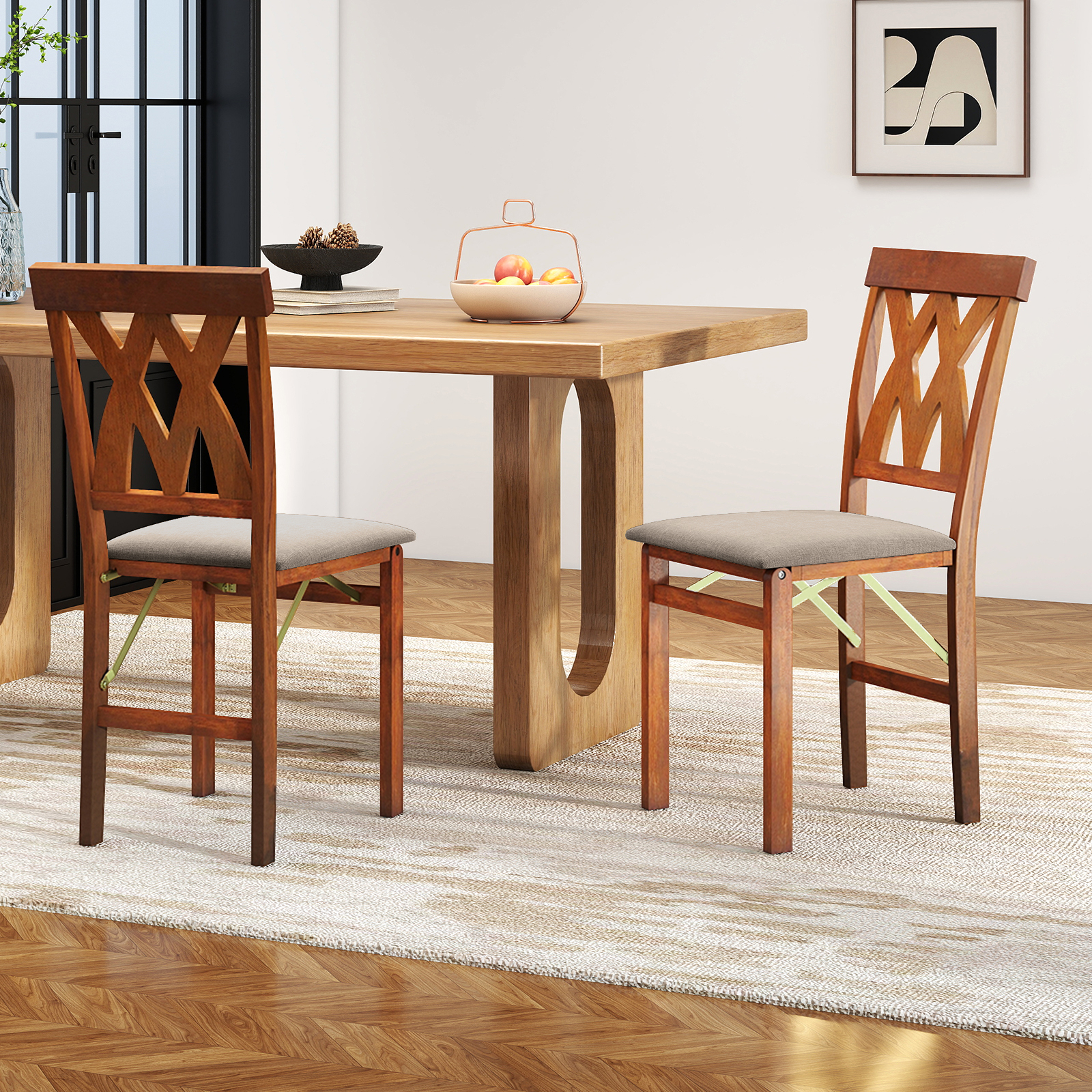 Image of Folding Wooden Dining Chair Set Of 2, Faux Leather Upholstered Kitchen Armless Chairs W/ Rubber Wood Frame, Padded Seat, Curved Back, Space- Chairs For Home Office Small Apartment
