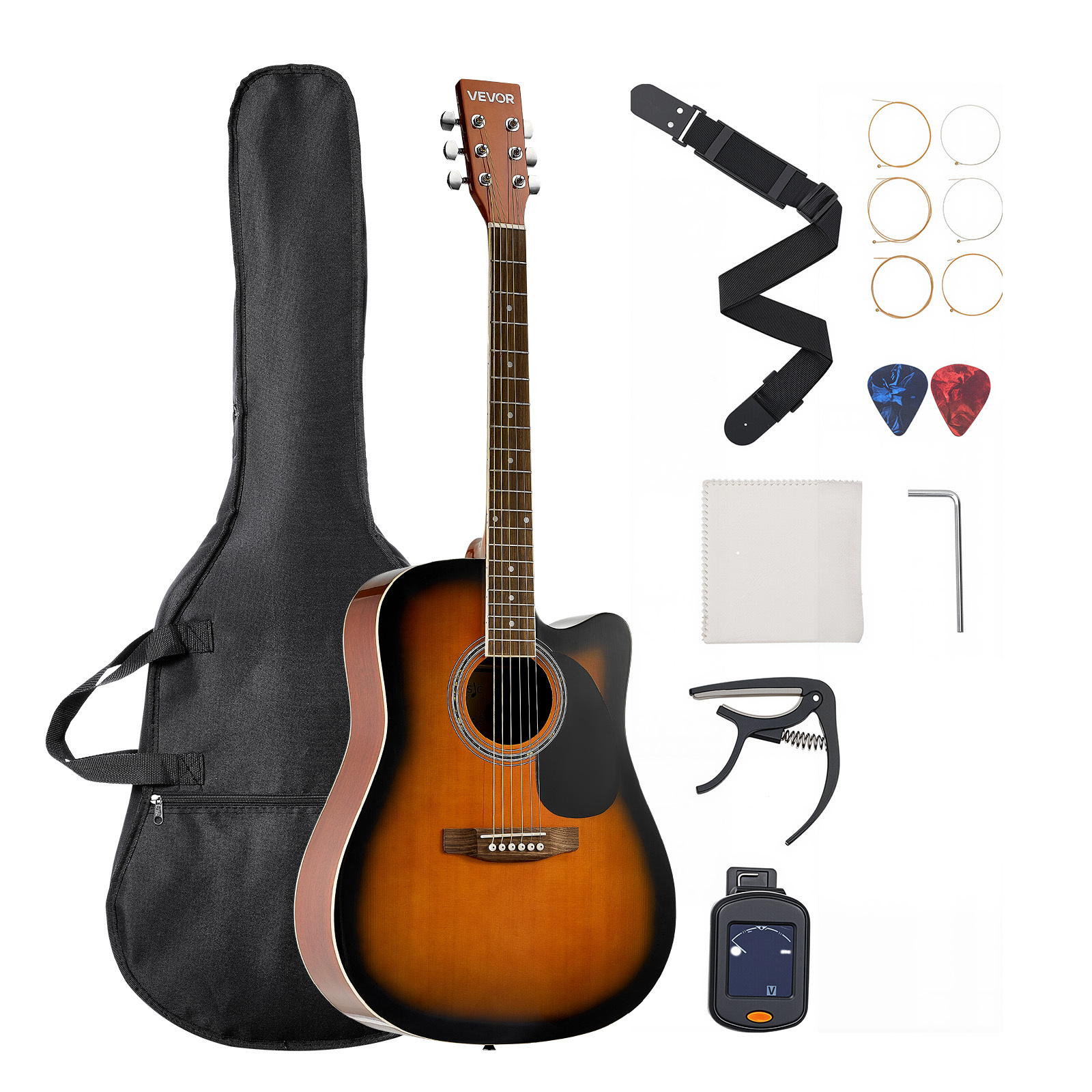 Image of Vevor Cutway Acoustic Guitar Beginner Bundle Gig Bag For Adult