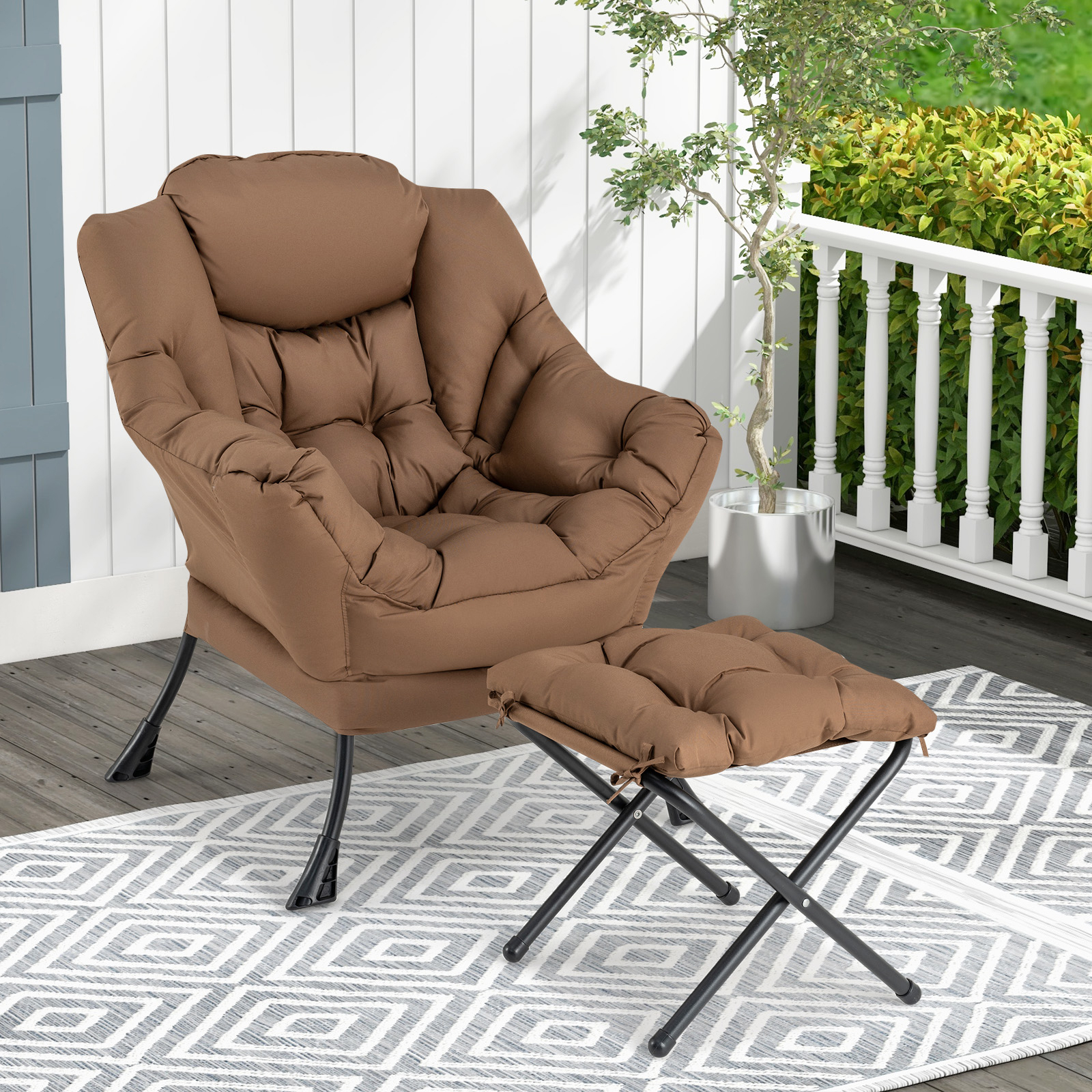Image of Lazy Chair With Ottoman, Modern Large Accent Chair With Folding Footrest, Head Pillow, Armrests And Side Storage Pocket, Upholstered Reading Chair For Living Room, Bedroom, Office And Balcony, Brown