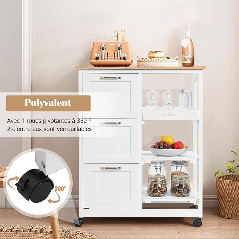 Kitchen Island Cart, Mobile Kitchen Storage Island With 3 Large Drawers, 2 Open Shelves, Rubber Wood Top, Removable Tray