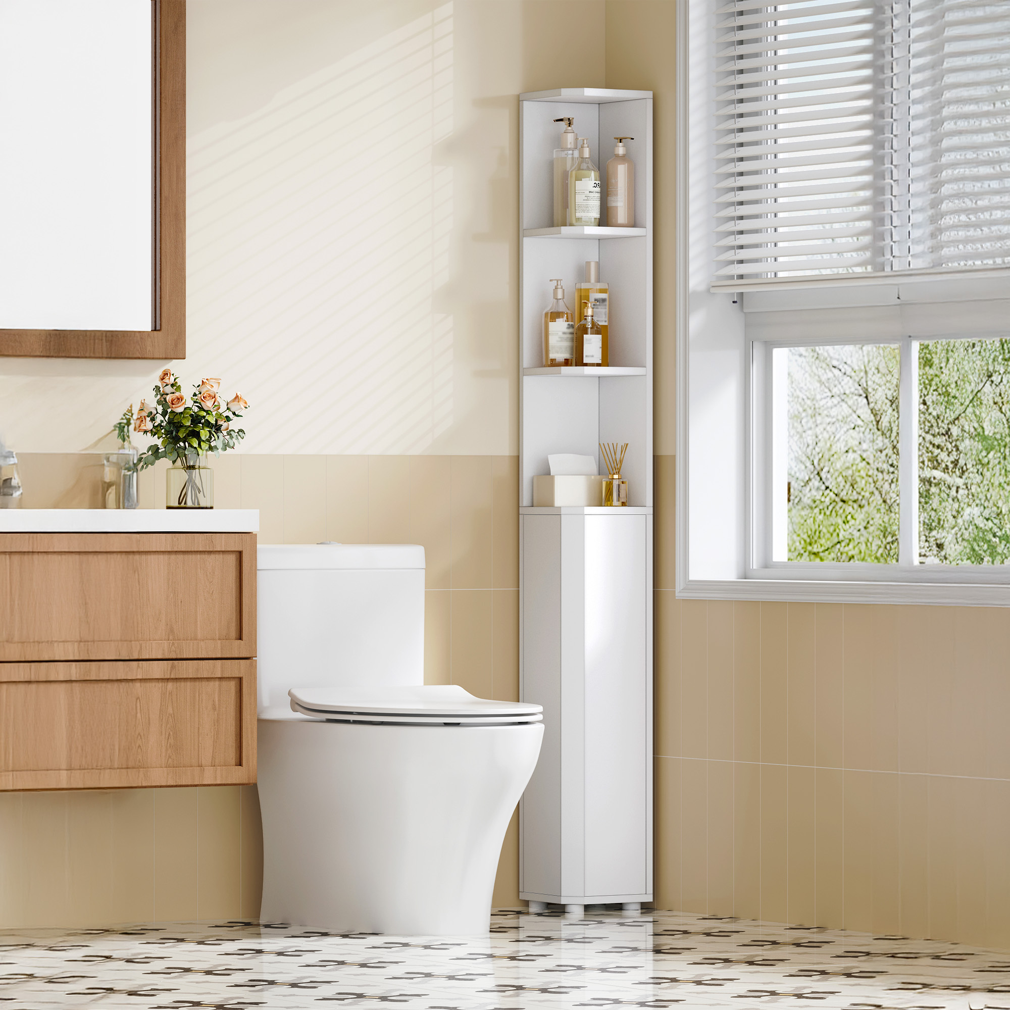 Bathroom Cabinet, Corner Bathroom Cabinet, Toilet Cabinet With Adjustable Shelves, 2 Side Doors, Narrow Bathroom Shelf, Easy Assembly, 20 X 20 X 170 Cm, White