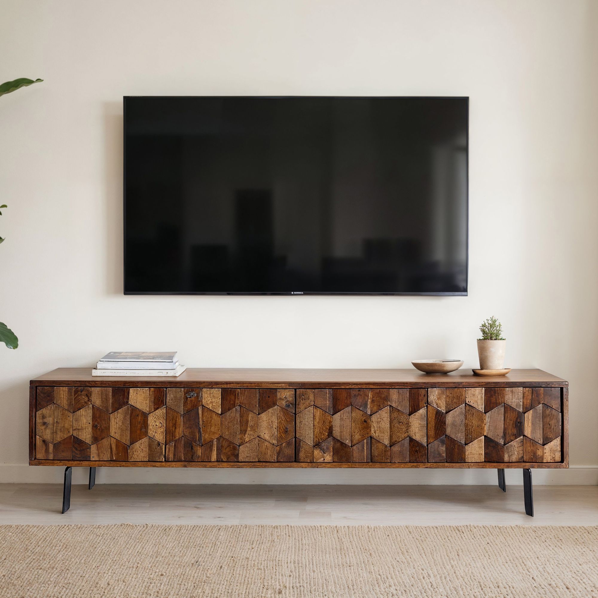 Image of Lowboard Made Of Solid Sheesham Wood 160 Cm, Tv Cabinet With 3d , , Cable Passage & Metal Legs Black, Designer Tv Cabinet For Living Room