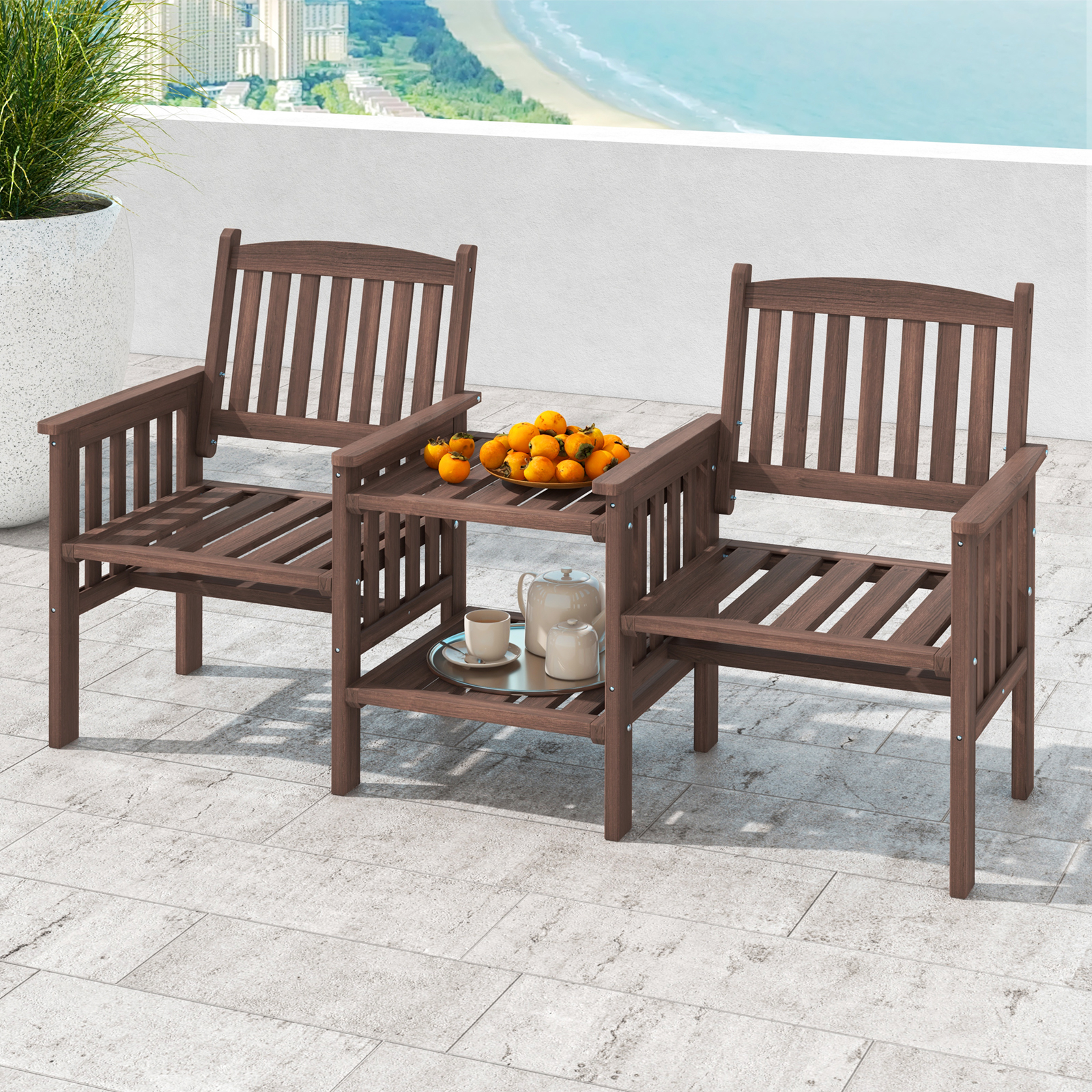 2 Seater Bench In Wood, With 2-level And 5 Cm Umbrella Hole, Bench For 2 People With Armrests