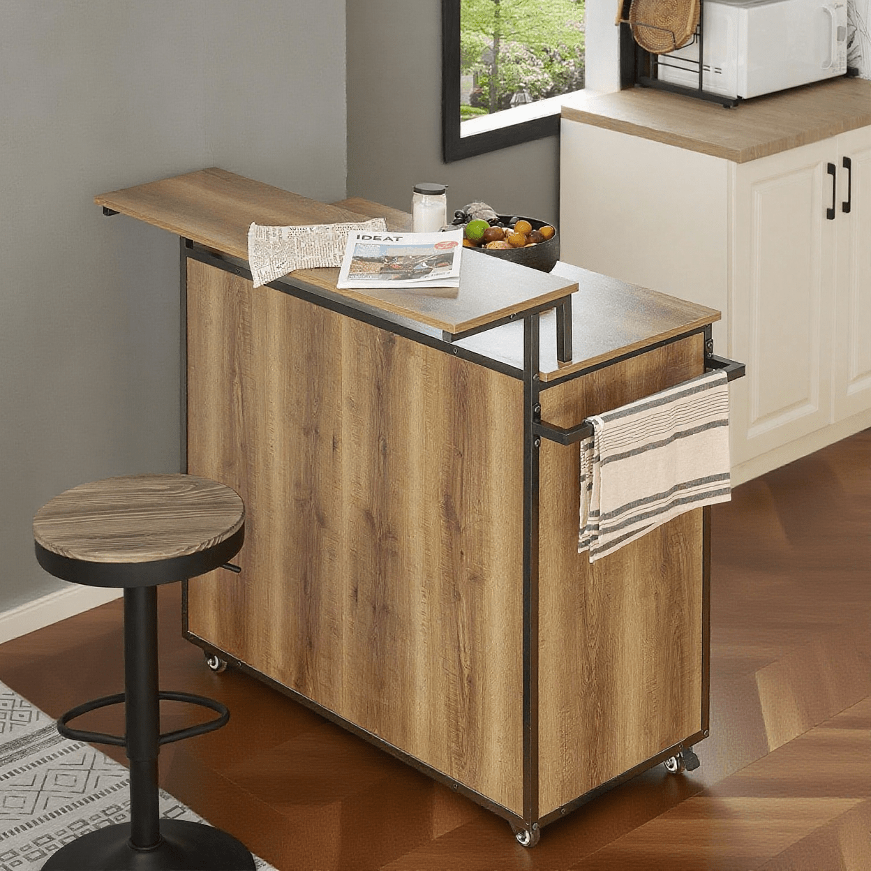 TEMU 1pc Central Placard de Cuisine Buffet de Rangement Armoire de Cuisine Multi-rangements avec 2 Portes, 3 Tiroirs, 1 Porte-Serviettes et 1