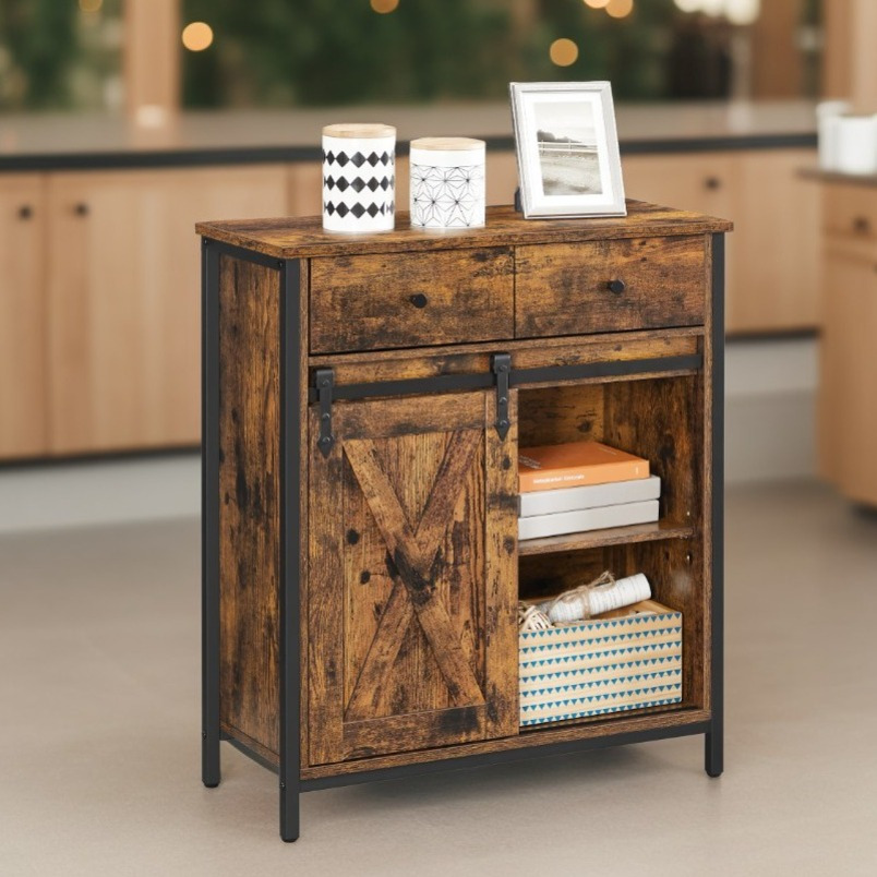 E-shop Küchenschrank, Sideboard, 70 x 30 x 80 cm, Schrank mit Schiebetür, Schublade, für Wohnzimmer, Landhausstil, braun-schwarz