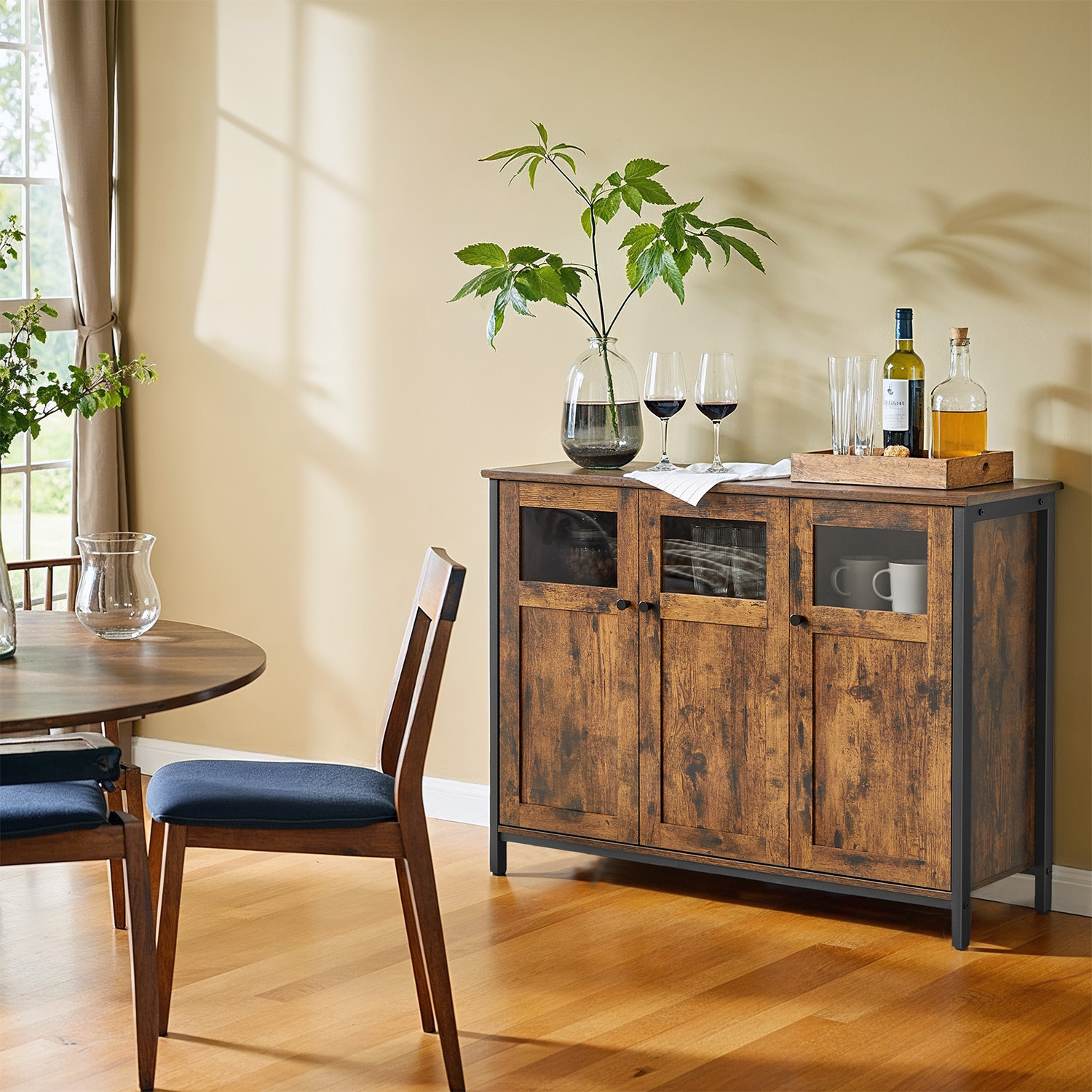 TEMU Buffet, Armoire de Cuisine, avec Portes en Verre, Style Industriel, Marron Rustique et Noir