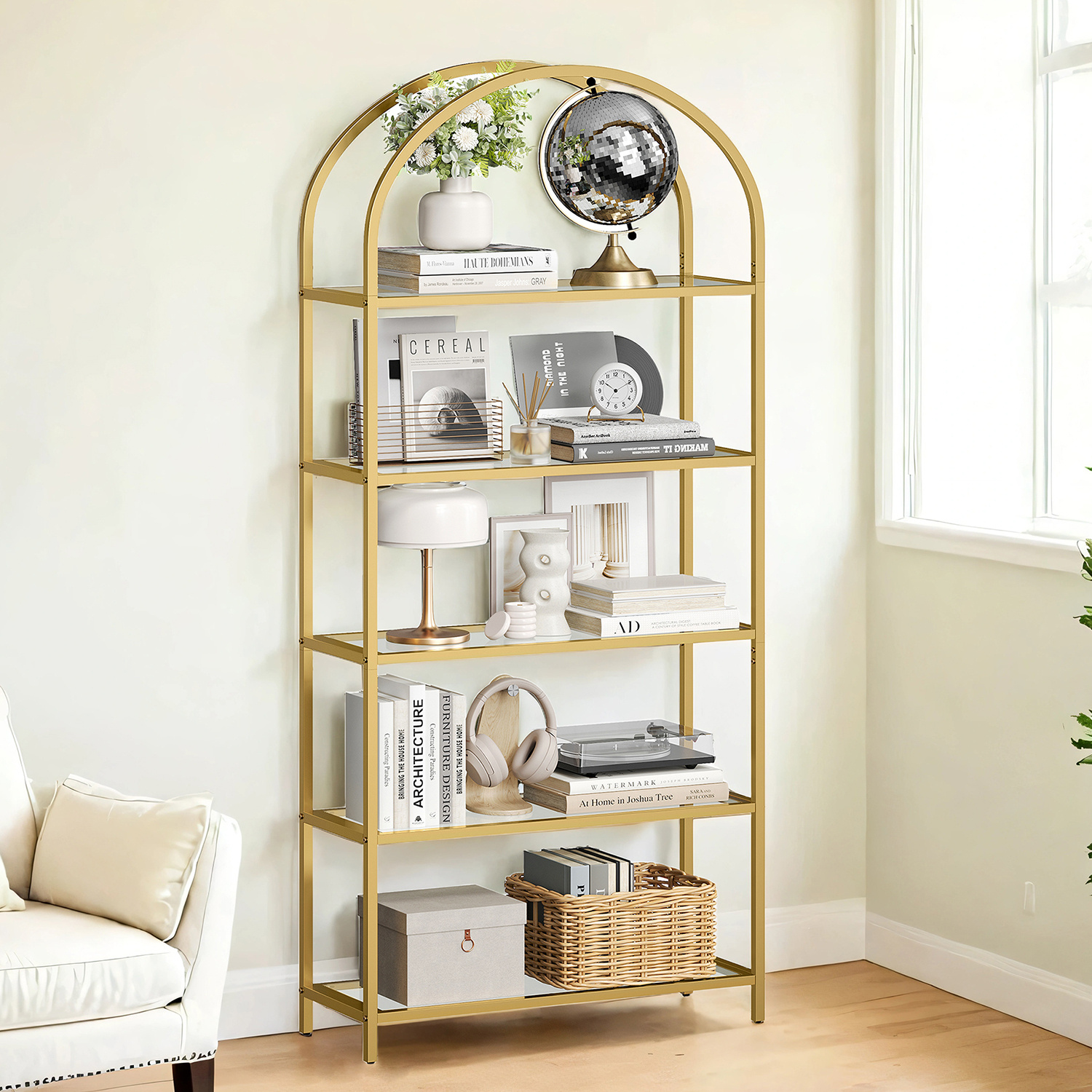 Royal, 5-tier Bookshelf, Floor-standing Shelf Made Of Tempered Glass, Storage Shelf, Curved, Metal Structure, For Living Room Bedroom Study Bathroom, Golden-transparent Color