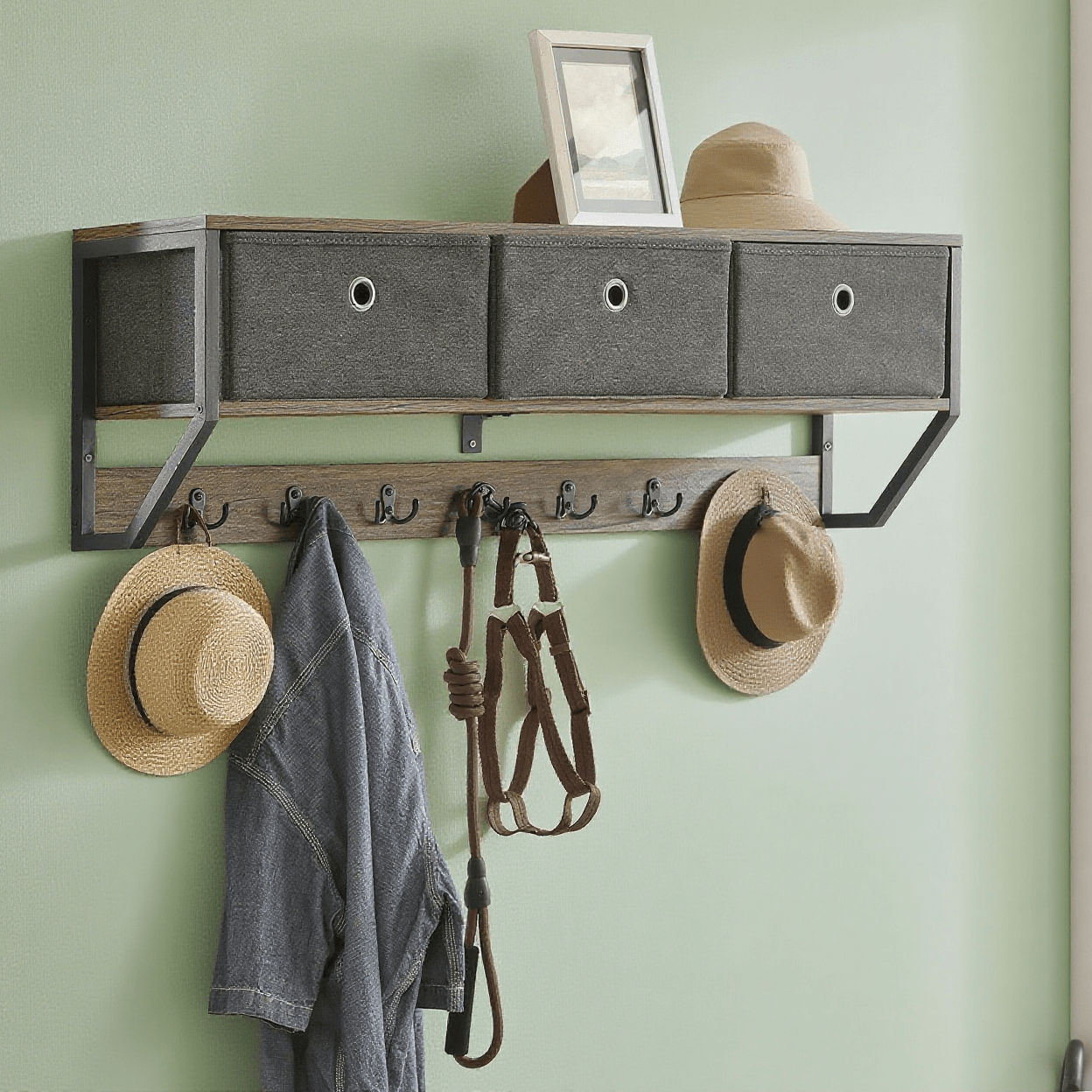 Image of 1-piece Wall-mounted Easel Entryway Furniture Wardrobe Clothes Holder Wall Shelf With 3 Baskets And 7 Double Hooks, Industrial Style, 100x20x30 Cm - Gil37-o