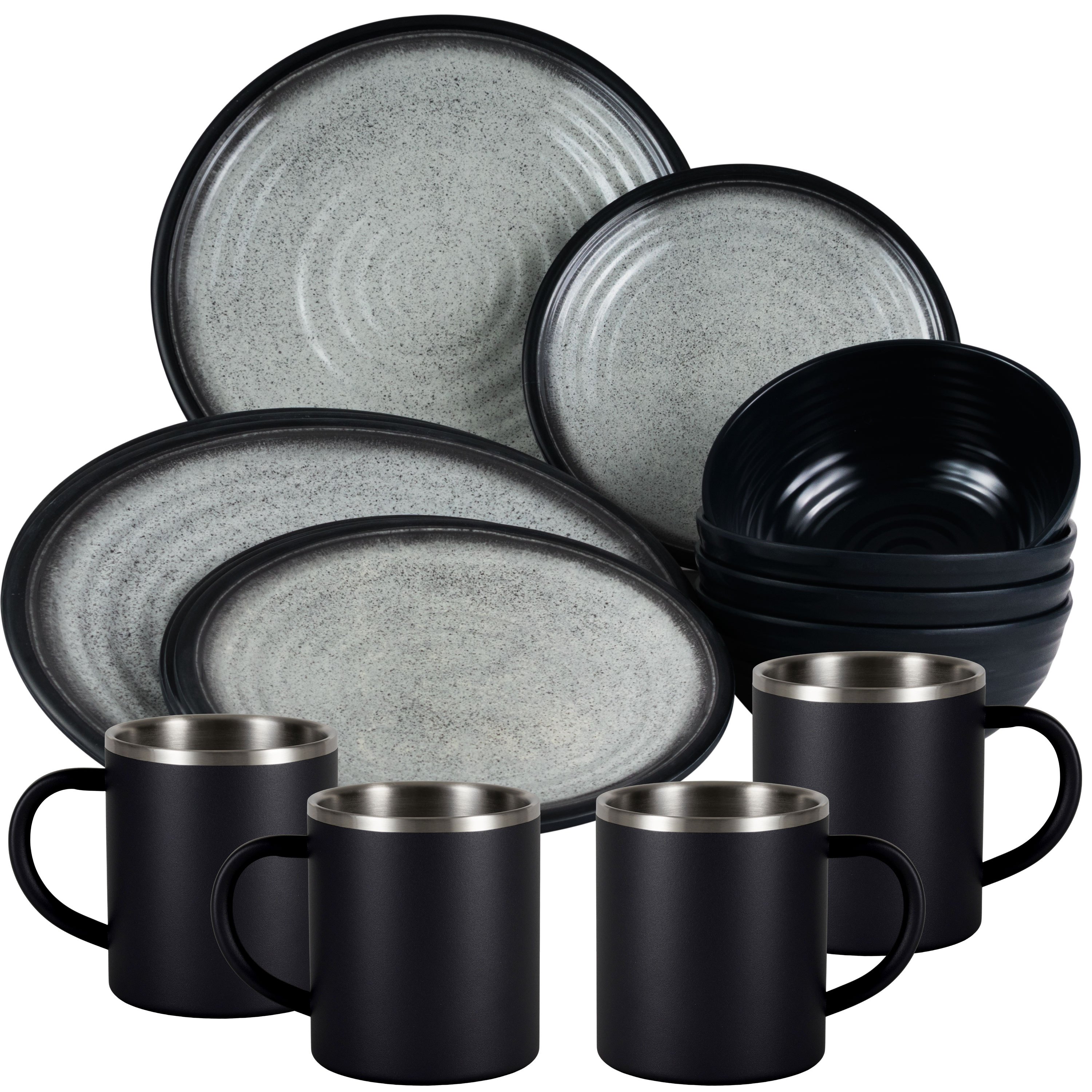 Melamine Dish Set Gray Black For 16pcs With Stainless Steel Thermo Cups Double-walled - Tone Optics Tableware - Camping Tableware Picnic Ideal For Modern Outdoor Camping