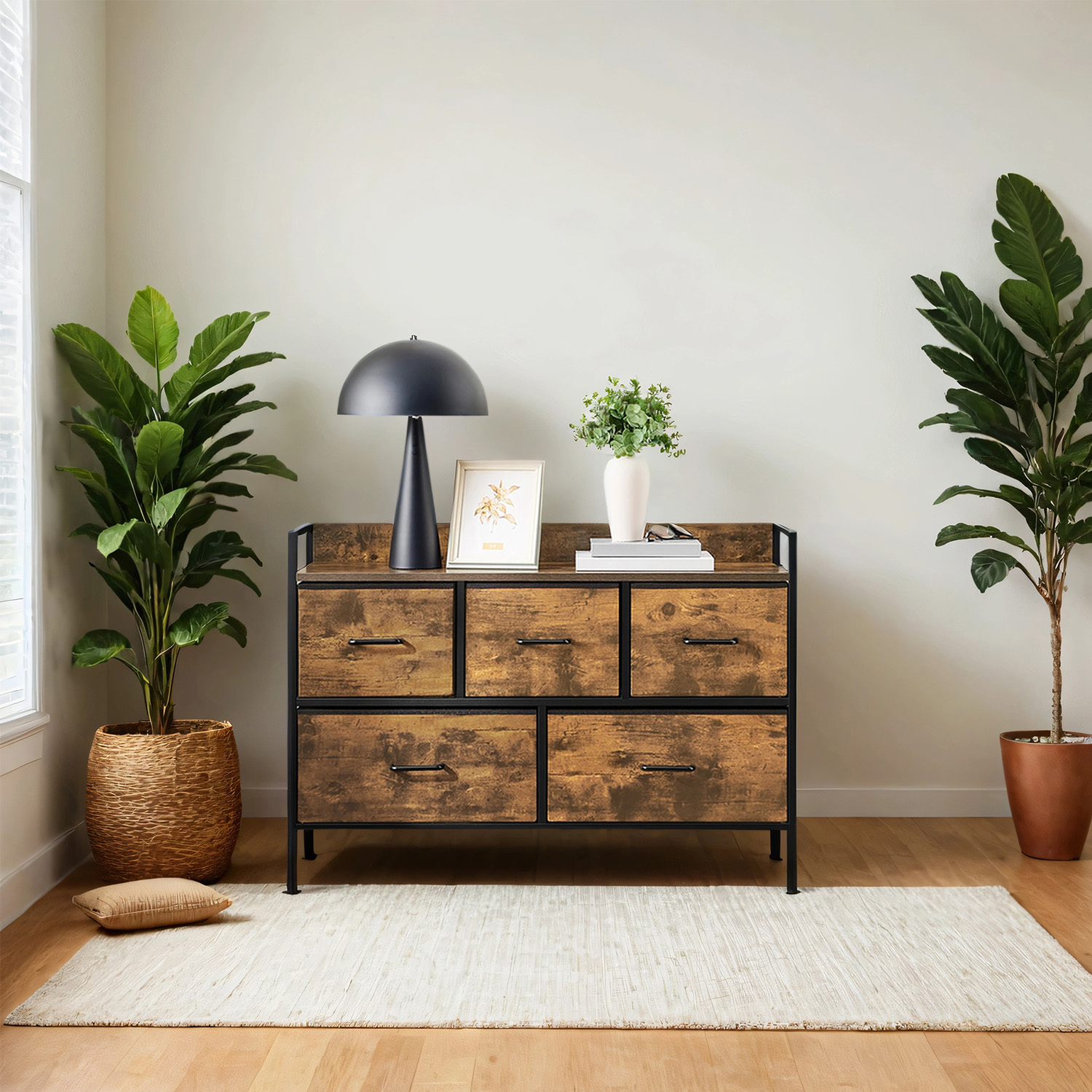 TEMU Armoire, Meuble de Rangement en Tissu, Commode, 5 Tiroirs, avec Poignées, Cadre en Métal, Style Moderne