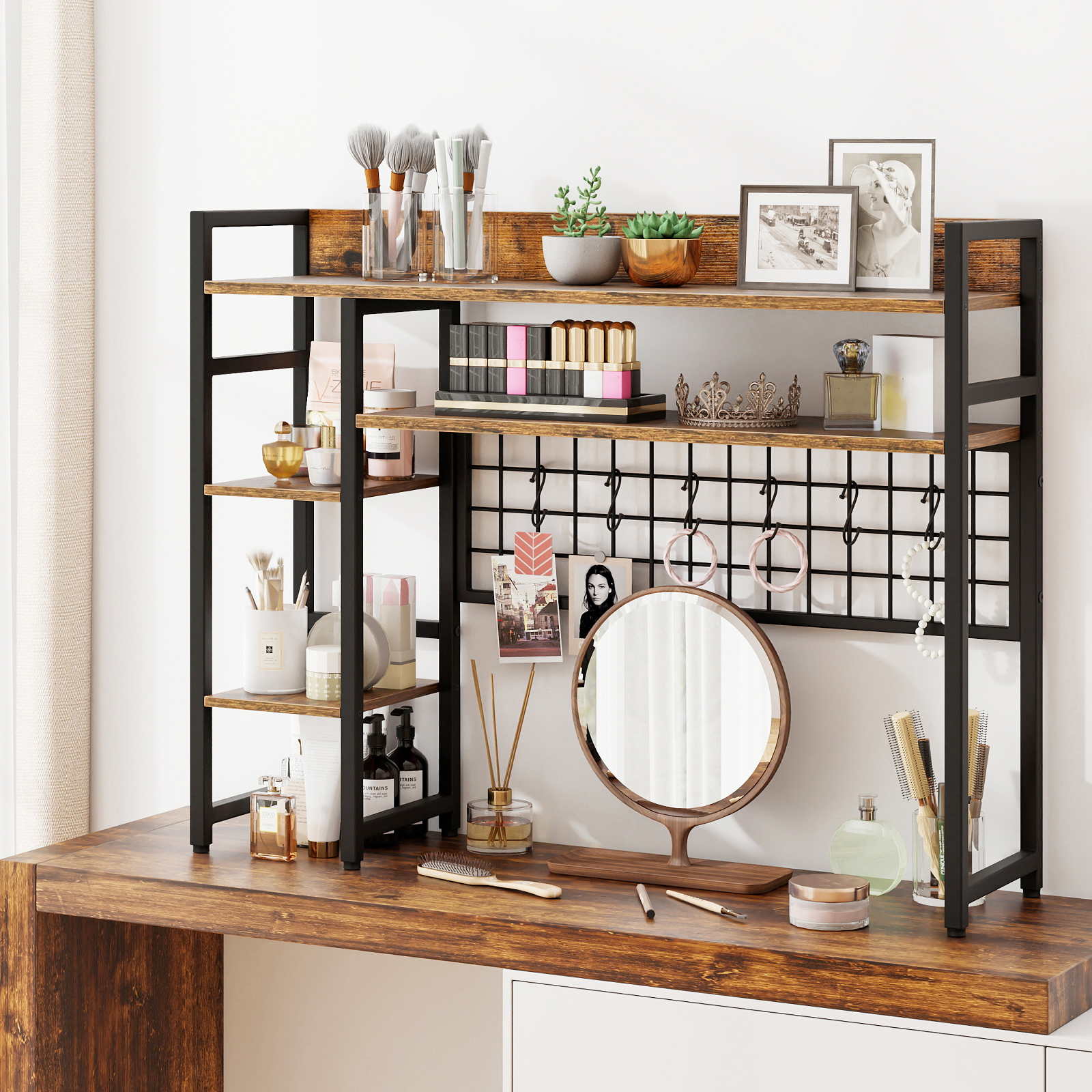 Desk Shelf, 4-tier Desktop Display Rack With Metal Grid Panel & 6 Hooks, Hutch Organizer For Up To 32" Computer Monitors, For Home Office Dorm, Rustic Brown