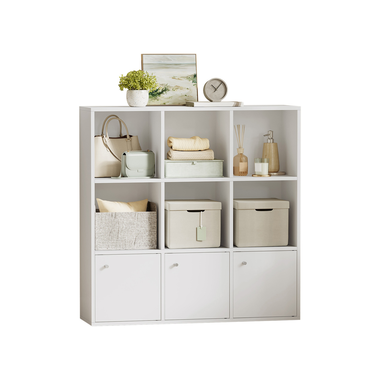 Bookshelf, 3-tier Open Storage Shelf, Freestanding Shelving Unit, 29 X 97.5 X 97.5 Cm, 3 Compartments With Doors, For Living Room, Home Office, Dining Room