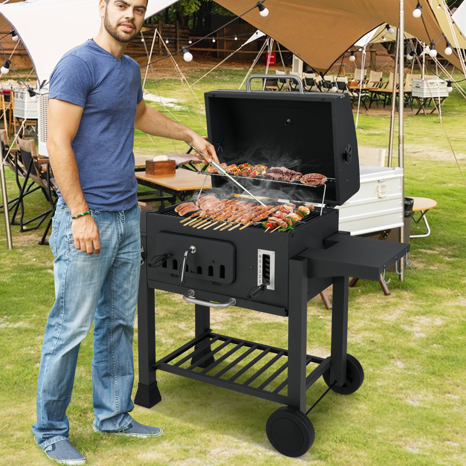 Barrel Charcoal Grill With 2 Folding Side Tables, 24-inch Outdoor Barbecue Grill Cooking Area, 6-gear Charcoal Tray & Storage Shelf, Portable Griddle With Wheels For Camping, Picnic