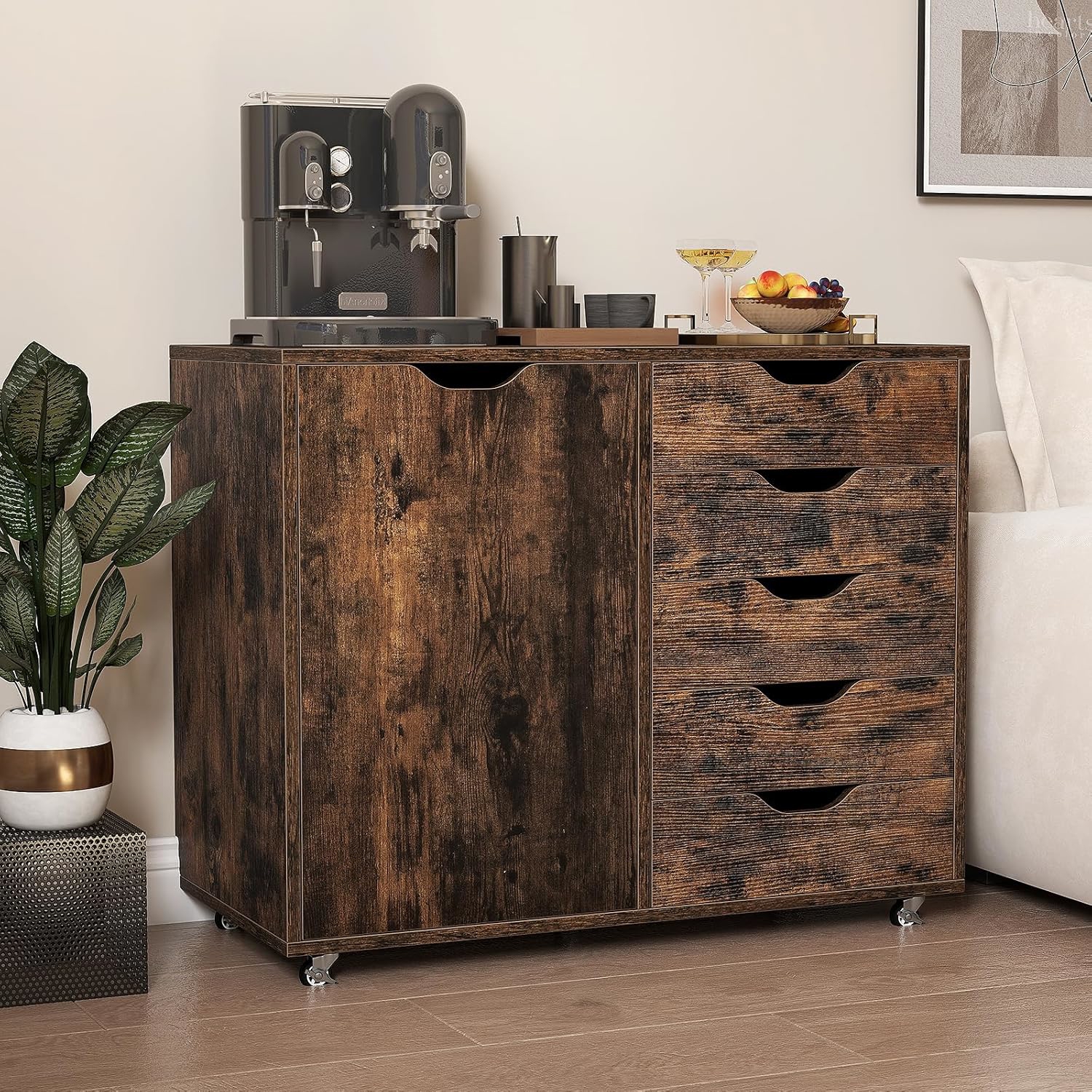 Image of 5-drawer Chest With Door, Mobile Chest Of Drawers With Adjustable Shelf, Rolling Lateral File Cabinet Printer Stand With 5 Casters For Home Office, Wooden Vertical Storage Dresser Cabinet, Brown