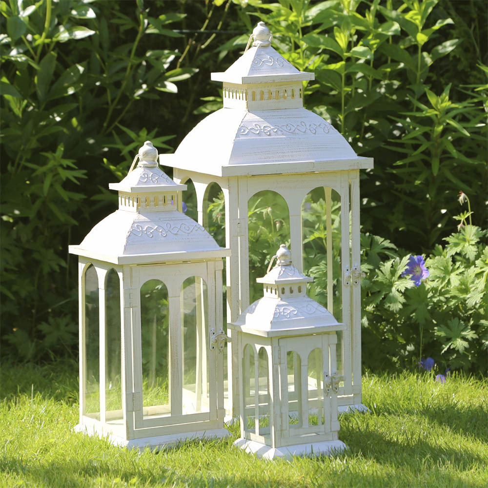 TEMU Großes Laternenset Laterne COUNTRY 3-teiliges Set creme weiß aus Metall mit nostalgischen Rundbogenfenstern je 59cm, 43cm, 29 cm hoch