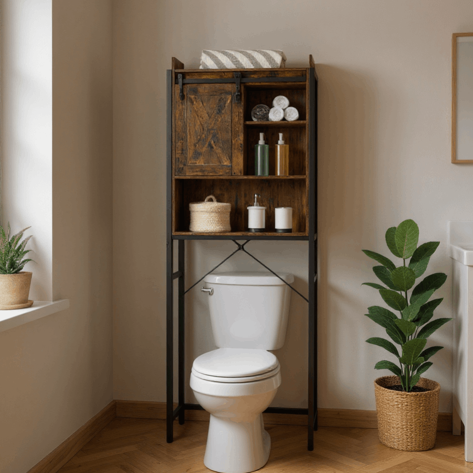 E-shop Toilettenregal, 64 x 24 x 171 cm, Badezimmerregal, mit Schrank, Stahlgestell, für Waschmaschine, einfache Montage, Industrie-Design,