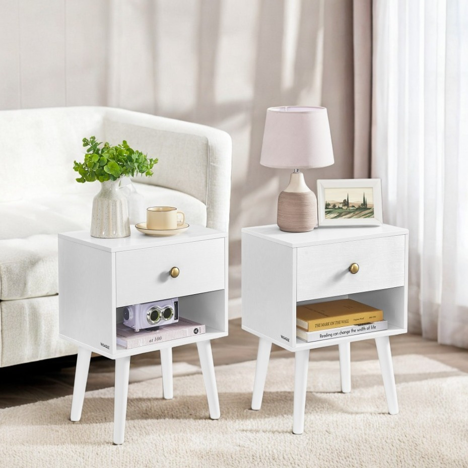 E-shop Nachttisch, 2er Set, Beistelltisch, Beistelltisch mit Schublade und offener Ablage, Holzbeine, Couchtisch für Wohnzimmer, Schlafzimmer, Sofa,