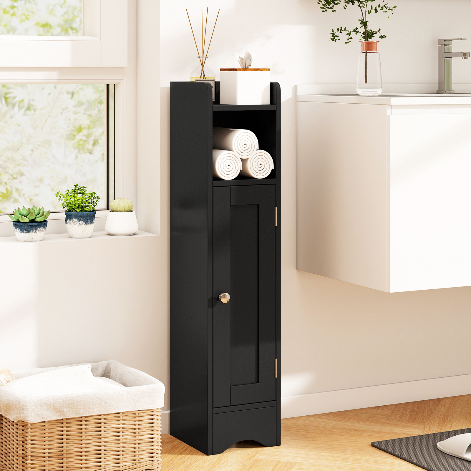 Image of Small Bathroom Storage Cabinet, Corner Floor Cabinet With Door & Adjustable Shelves, Narrow Toilet Paper Holder, Slim Storage Organizer For Living Room, Entryway, 7" X 7.5" X ", Black