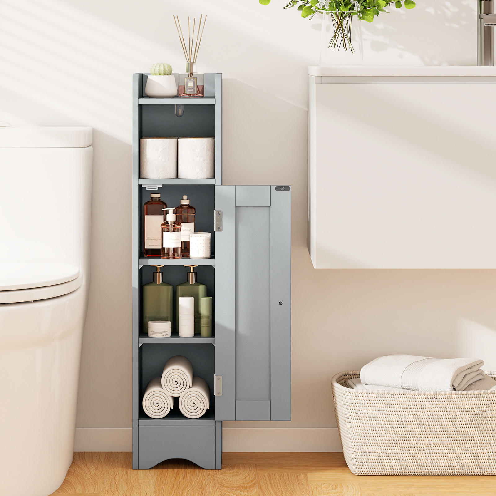 Image of Small Bathroom Storage Cabinet, Corner Floor Cabinet With Door & Adjustable Shelves, Narrow Toilet Paper Holder, Slim Storage Organizer For Living Room, Entryway, 7" X 7.5" X ", Grey