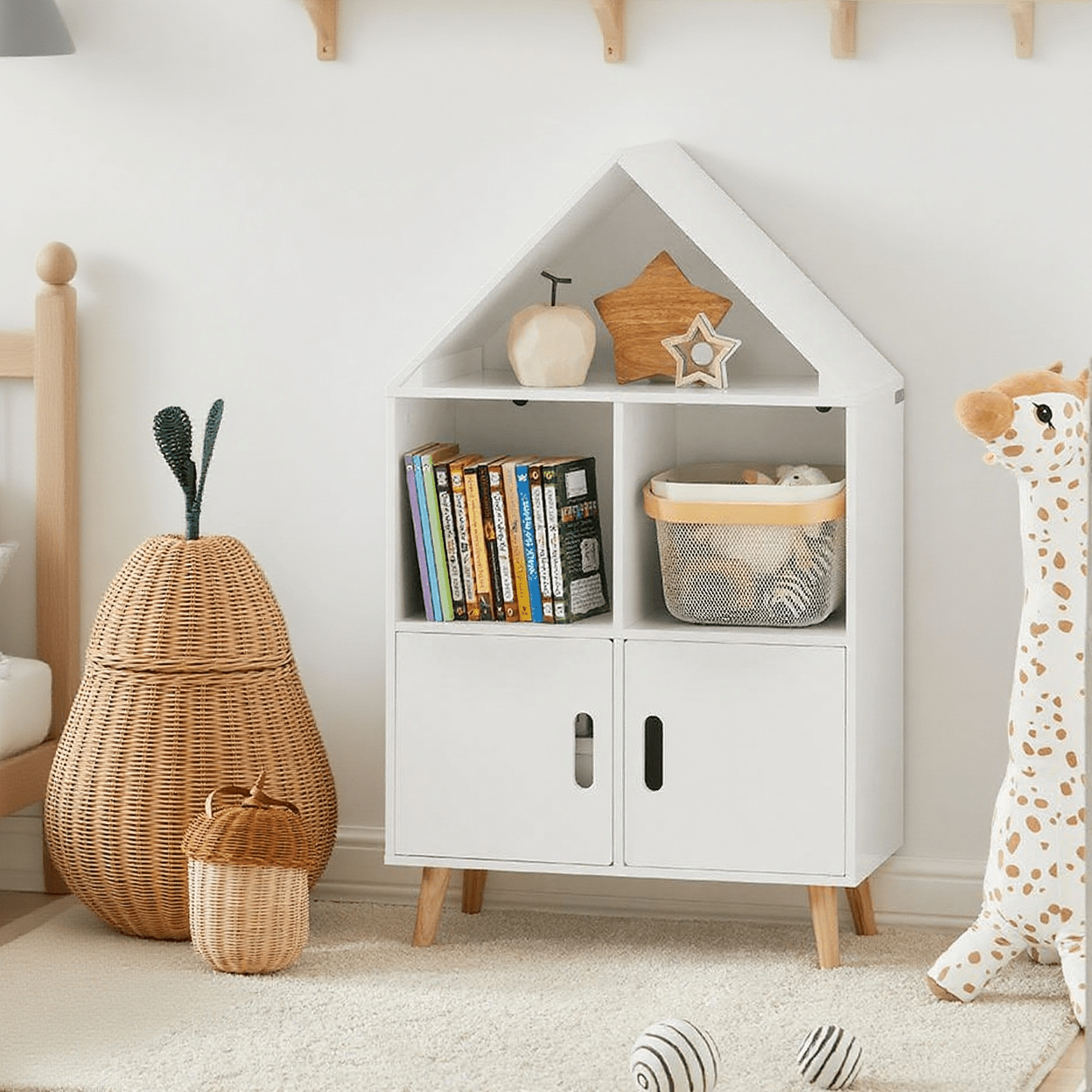E-shop Kinderbibliothek Aufbewahrung Bücherregal für Bücher und Spielzeug Bücherregal Schrank Aufbewahrungsmöbel auf Beinen mit 1 Burgansicht, 2