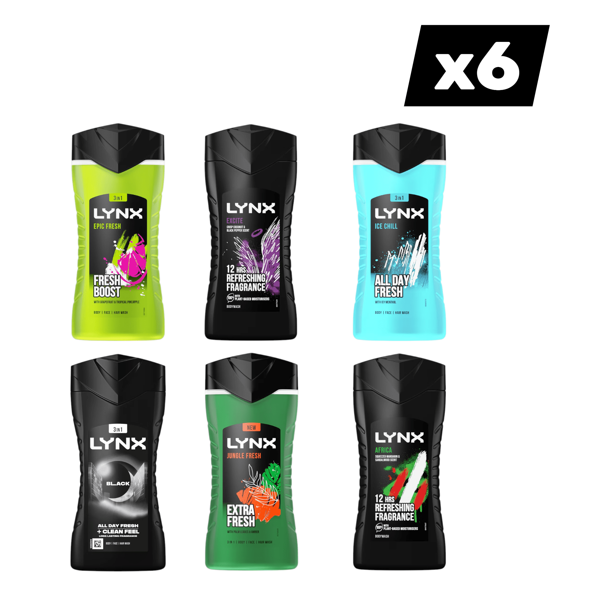 TEMU Lynx Shower Gel Pack | Fresh, , , Black, & Africa | 3-in-, Wash | 6 X 225ml