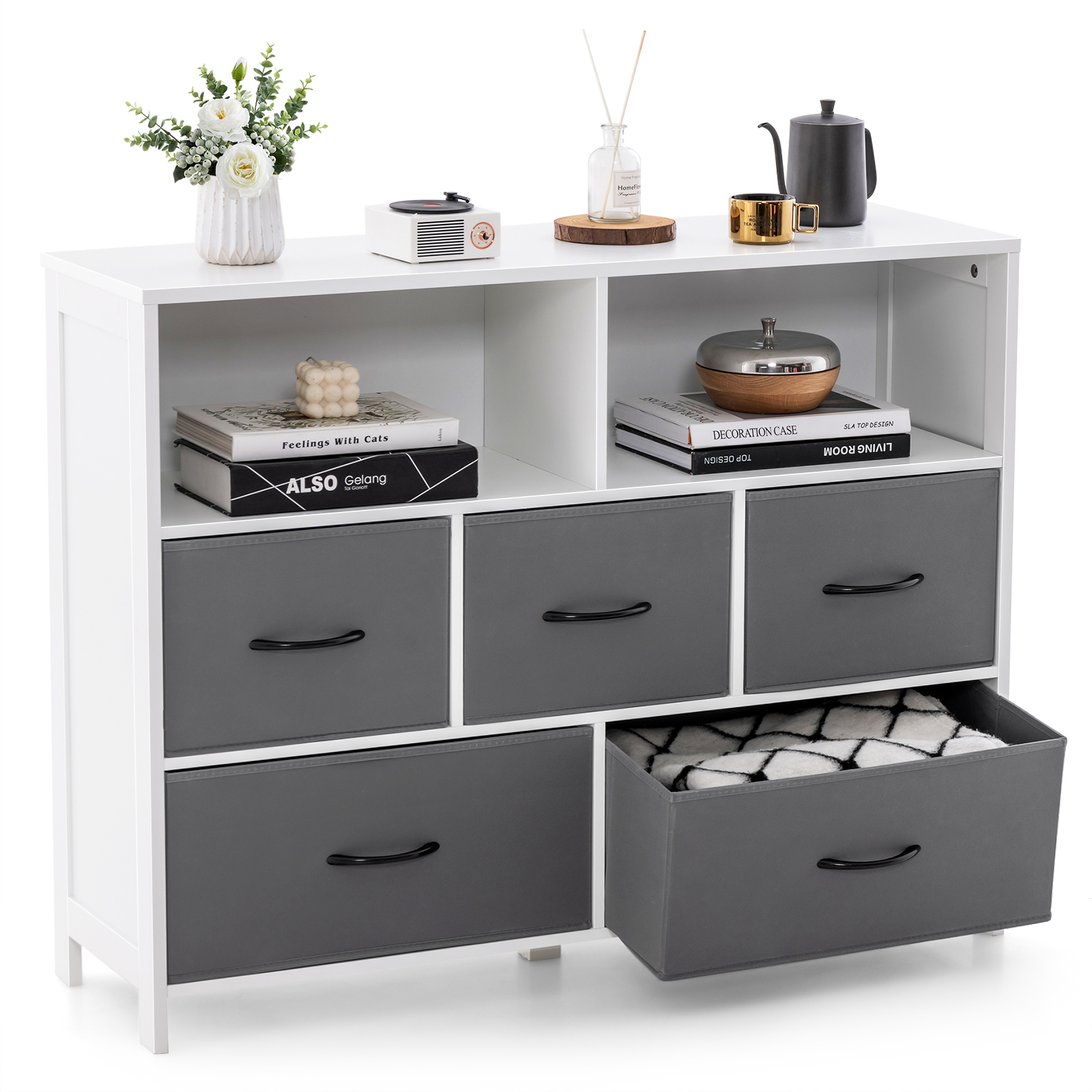 Image of Fabric Dresser For Bedroom, Wide Chest Of Drawers W/ 5 Drawers, Home Metal Frame Storage Organizer Unit W/ Fabric Bins & Spacious Top, Tv Cabinet Stand W/ Storage For Living Room Nursery Room