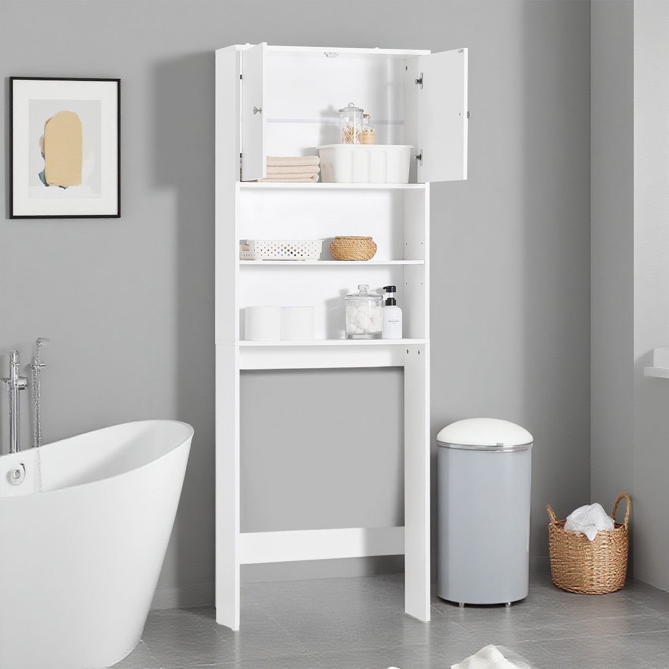Image of 1pc Of Bathroom Furniture, Toilet Cabinet, Bathroom Cabinet With Doors And Shelves, 3 Adjustable Levels Of Shelving Above Wc Or Washing Machine, White, 65x182x20cm - Cas266-x