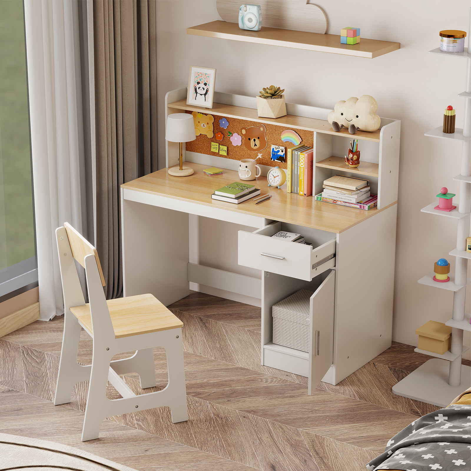 Image of Kids Study Desk And Chair Set, Wooden Children Writing Table With Shelves, Drawer, Storage Cabinet For 3+ Years Old, Gift For Boys Girls, Student Table And Chair For Bedroom, Home, School