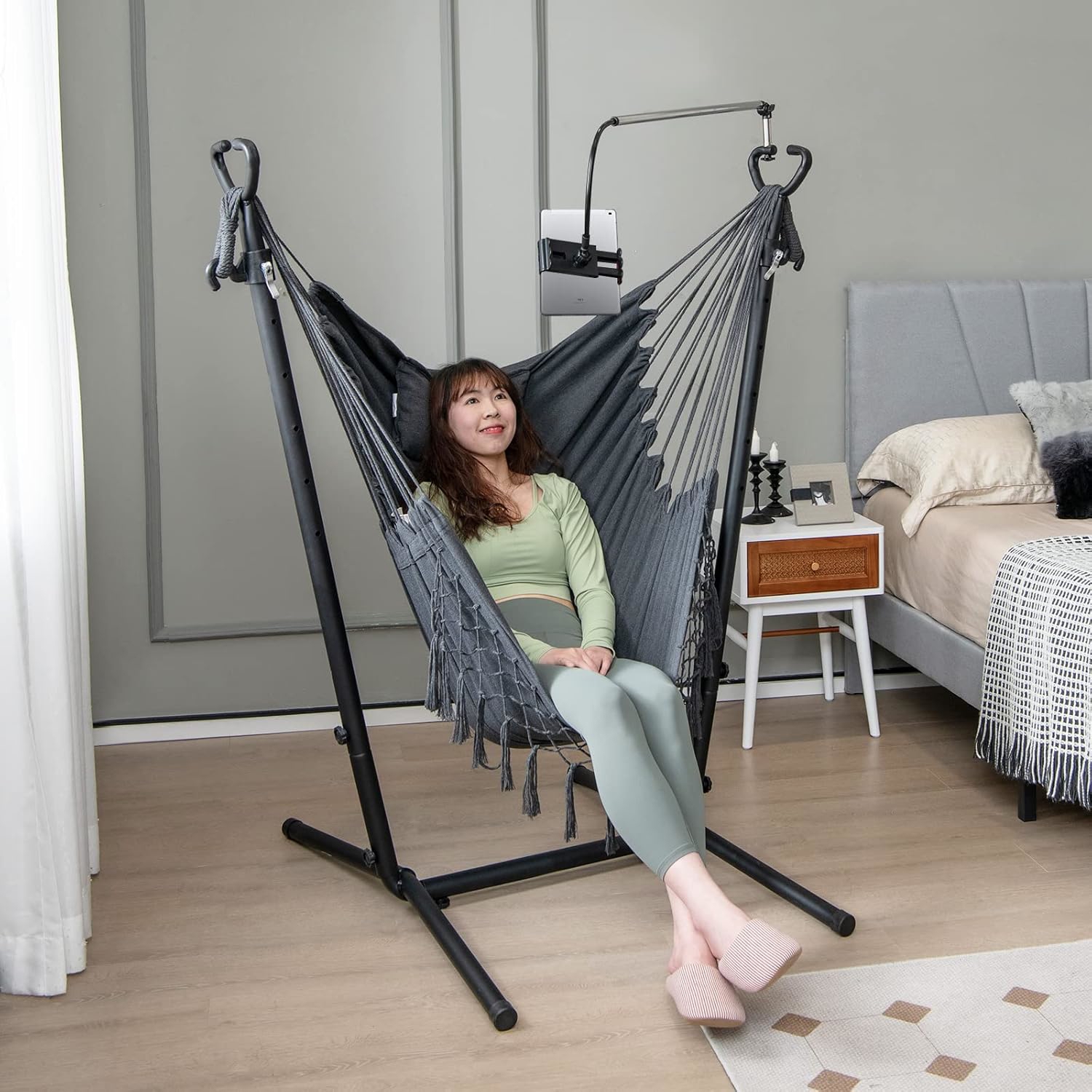 Image of Hammock Chair With Stand, Height Adjustable Hanging Chair With Phone Holder, Pillow & Side Pocket, Macrame Swing Bohemian Style With Tassels For Indoor & Outdoor Use, Kg, Grey