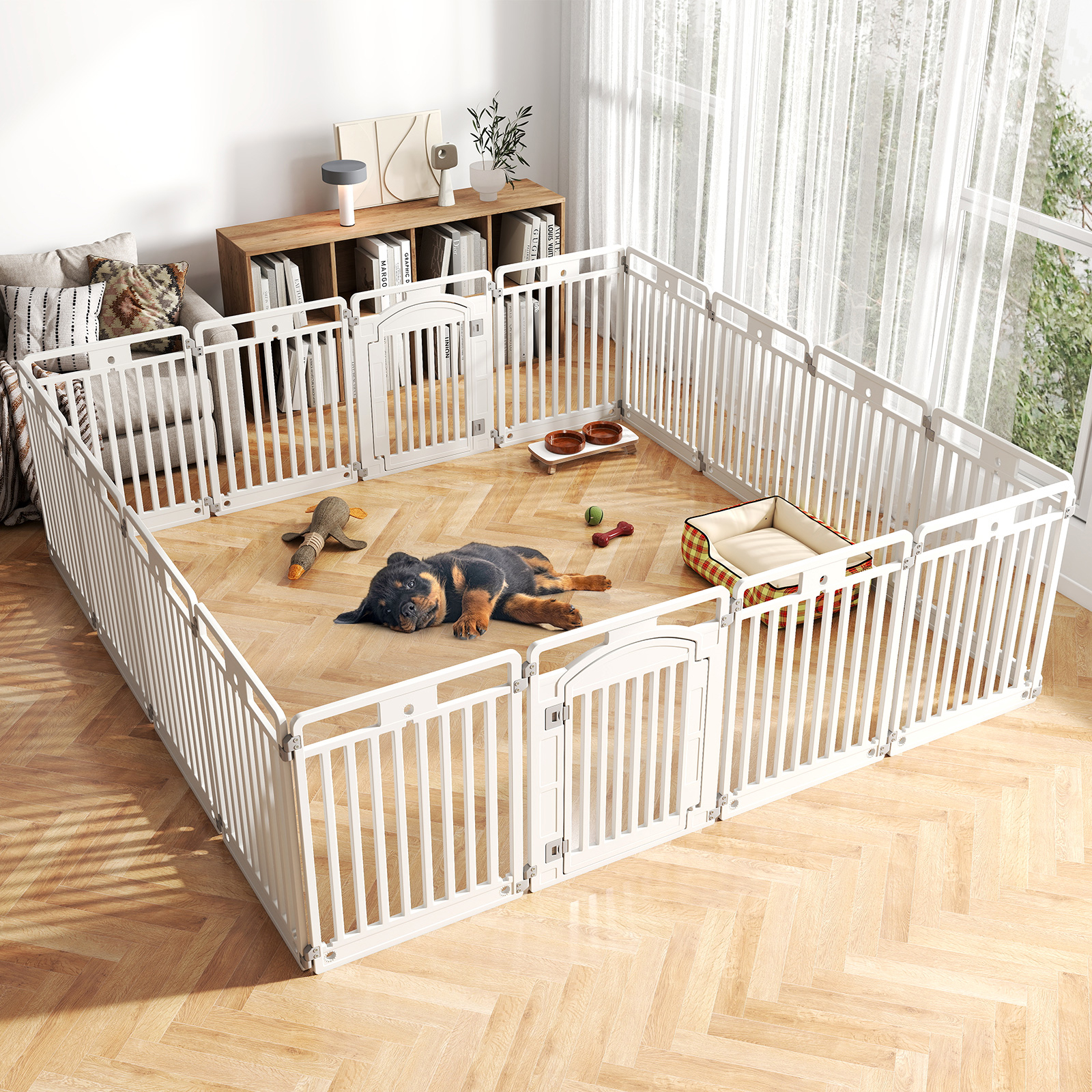 Image of 8-panel 32" Tall Plastic Dog Panel, Portable Pet Fence Foldable Gate W/ Securing Locking Door For Medium & Small Dogs, Indoor Outdoor Puppy Exercise Pen Folding Cage Dog House Kennel, White