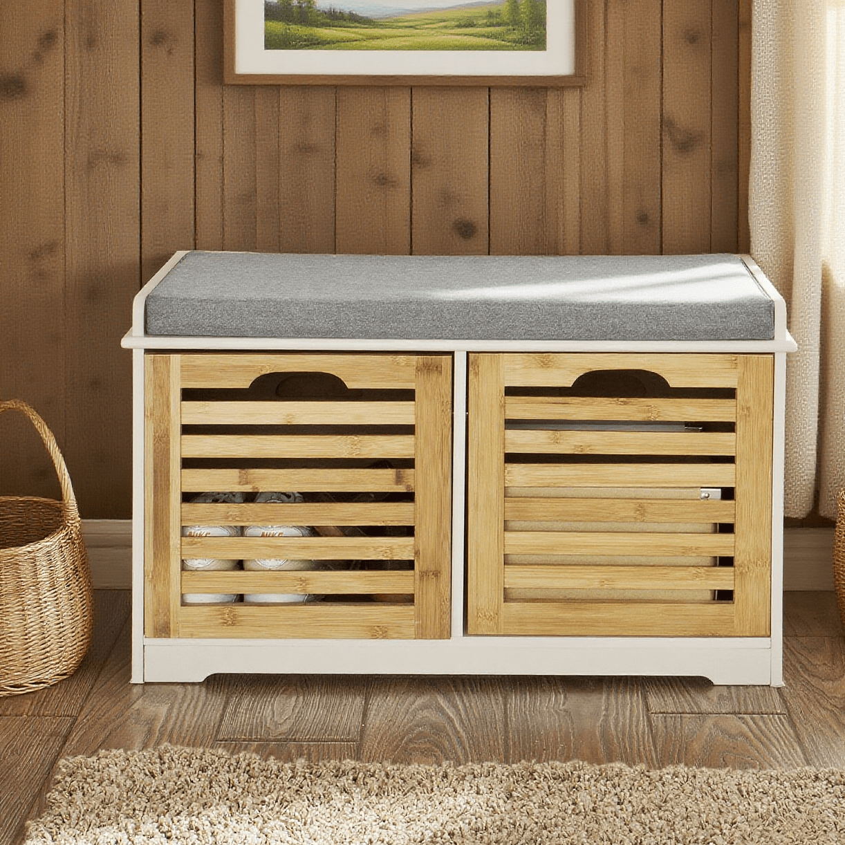 1-piece Storage Bench With Padded Cushion And 2 Cubbies, Entryway Cabinet Shoe Dresser Comfortable Bench - Gts34-l-xo