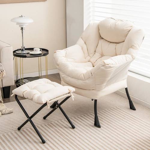 with foldable ottoman modern lounge accent chair with armrests and side pocket leisure sofa armchair with ottoman reading chair with footrest for living room bedroom and dorm beige