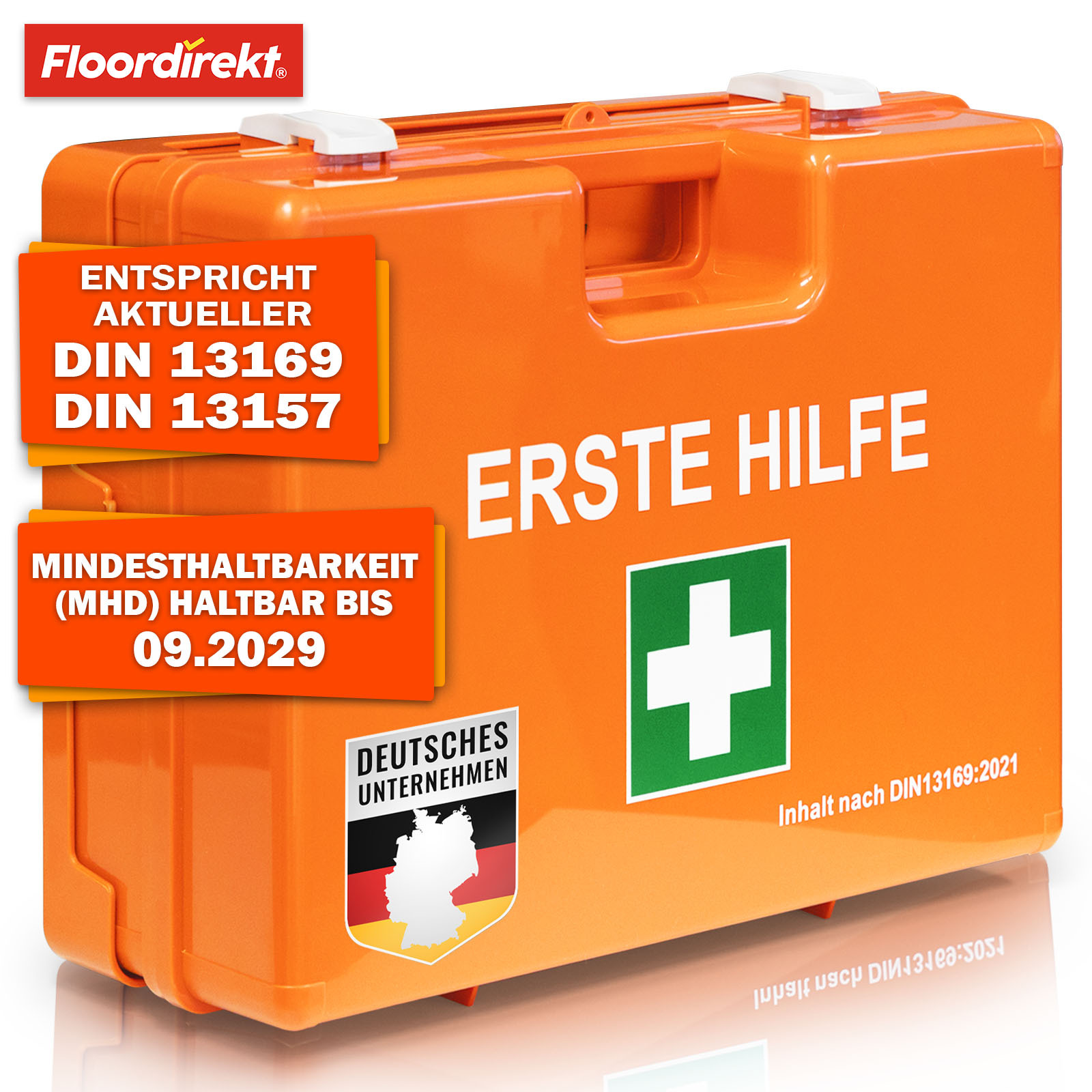 E-shop FLOORDIREKT Erste Hilfe Koffer Mittel - DIN 13169:2021 - mit Wandhalterung - Betriebsverbandkasten - gefüllt für Büro, Werkstatt & Gastronomie
