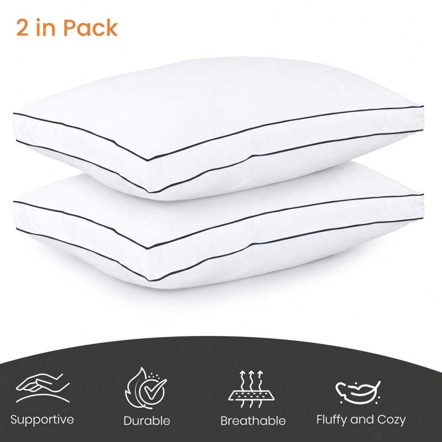 Pack of 2 EGYPTIAN COTTON FILLED PILLOWS - Filled with Hollow Fiber 1000 GSM | Charcoal Piping Design |Extra Filled |Ultra Plush |Back Support Bed Pillows - Standard Size UK