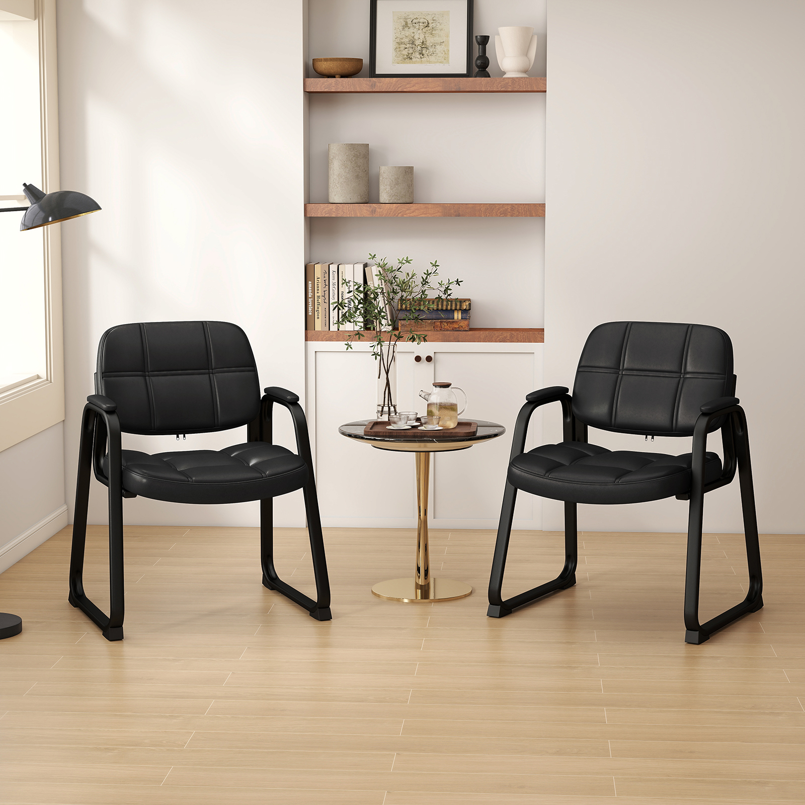 Image of Set Of 2 Guest Chair, Ergonomic Reception Chair With Metal Frame & Padded Armrests, Pu Leather Chair, Desk Chair For Conference Meeting , Black