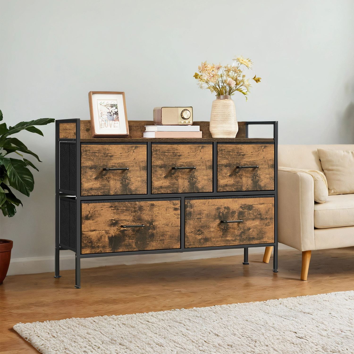 Dresser, Storage, Wardrobe, 5 Fabric Drawers With Handles, Metal Frame, , -tinted Black