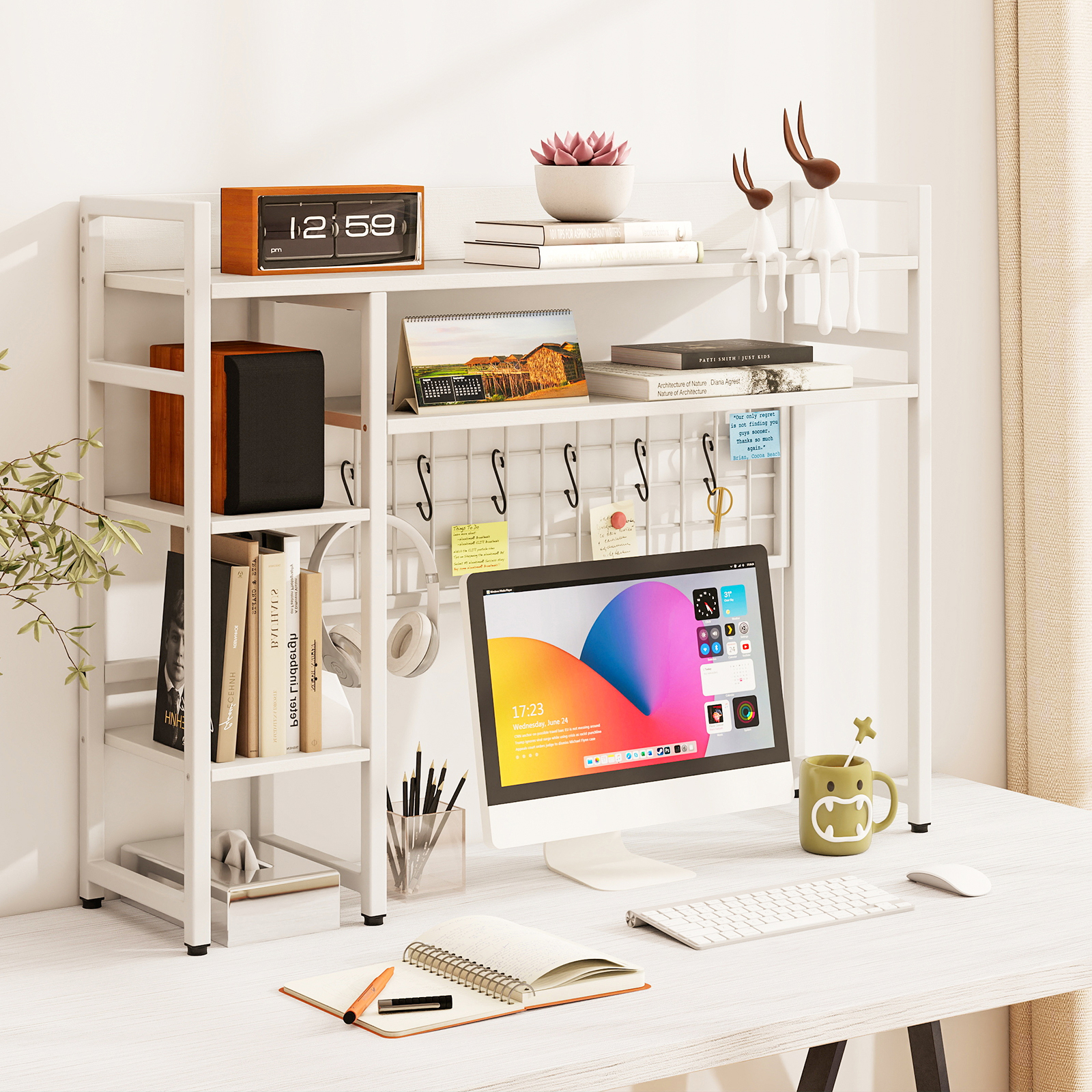 Desk Shelf, 4-tier Desktop Display Rack With Metal Grid Panel & 6 Hooks, Hutch Organizer For Up To 32" Computer Monitors, For Home Office Dorm, White