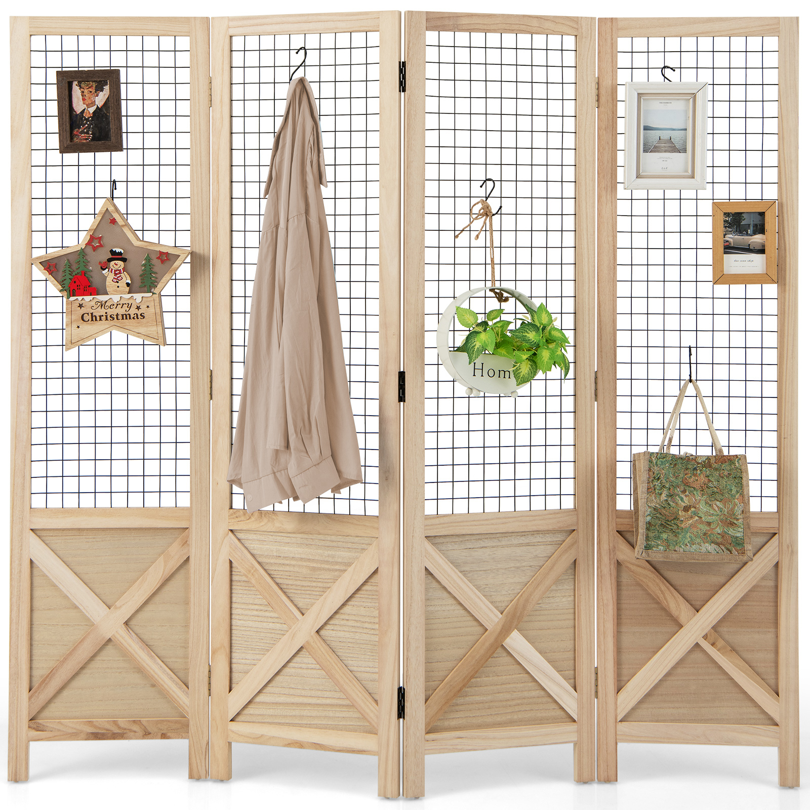 4-panel Display Stand, Folding Privacy Screen, Decorative Wood Room Divider, Portable Freestanding Room Partitions And Dividers For Home, Office, Craft Show, Retail, Events, Natural