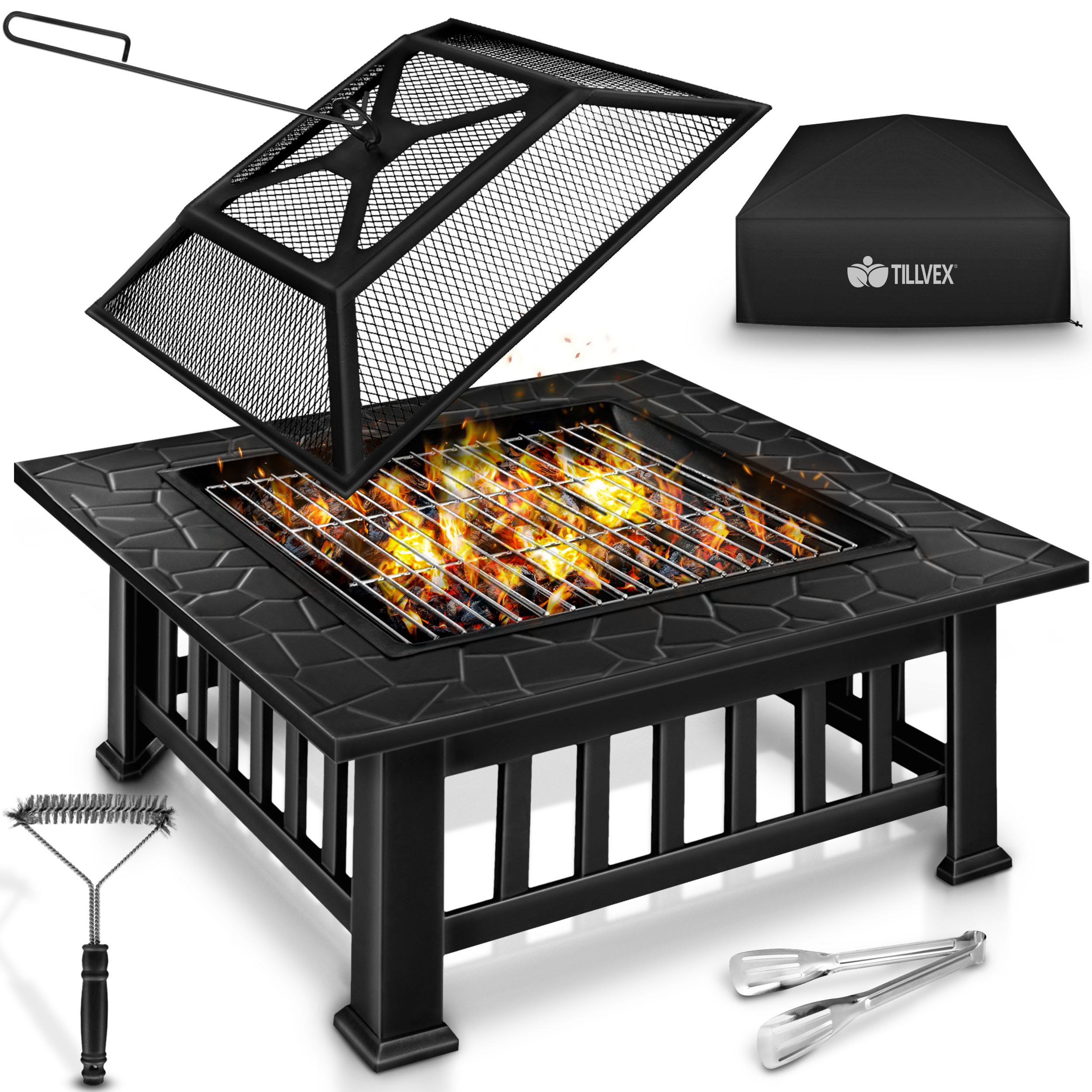 TEMU Tillvex® Fire Bowl Outdoor With Spark Protection, Grill Grate & Cover | Outdoor Fire Pit For The Garden With Grill Function | 3 In 1 Bbq Pit