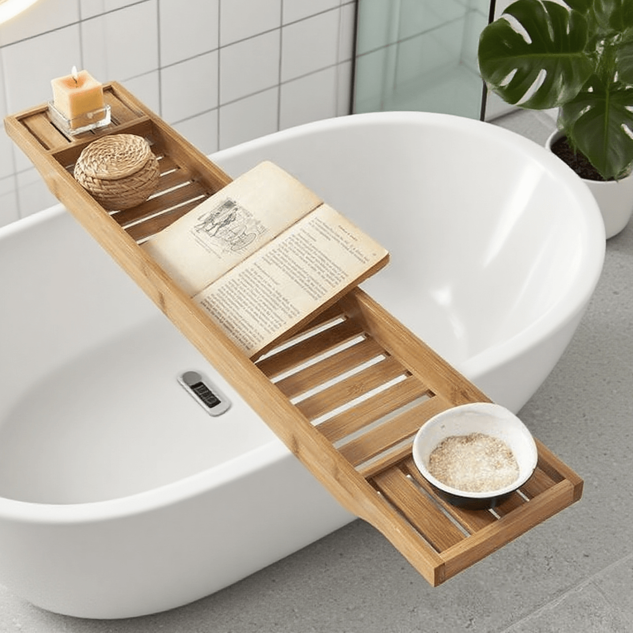 TEMU 1pc Of Bamboo Bathtub Shelf 80 Cm - Wooden Bathtub Bridge - Extra Long & Lacquered For Large Bathtubs, Support For Wine Glass & Candle Holder -