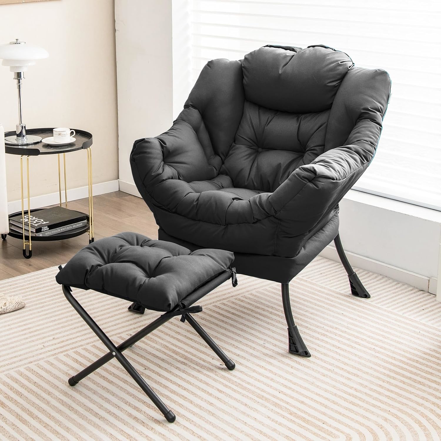 Image of Lazy Chair With Foldable Ottoman, Modern Lounge Accent Chair With Armrests And Side Pocket, Leisure Sofa Armchair With Ottoman, Reading Chair With Footrest For Living Room, Bedroom And Dorm, Gray
